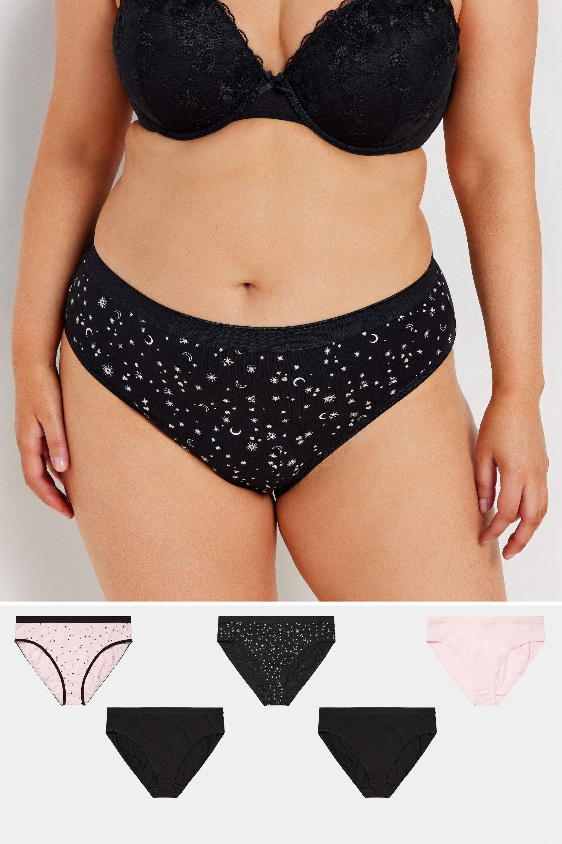 YOURSET 5 PACK Plus Size Black & Pink Star Print High Leg Knickers | Yours Clothing  1