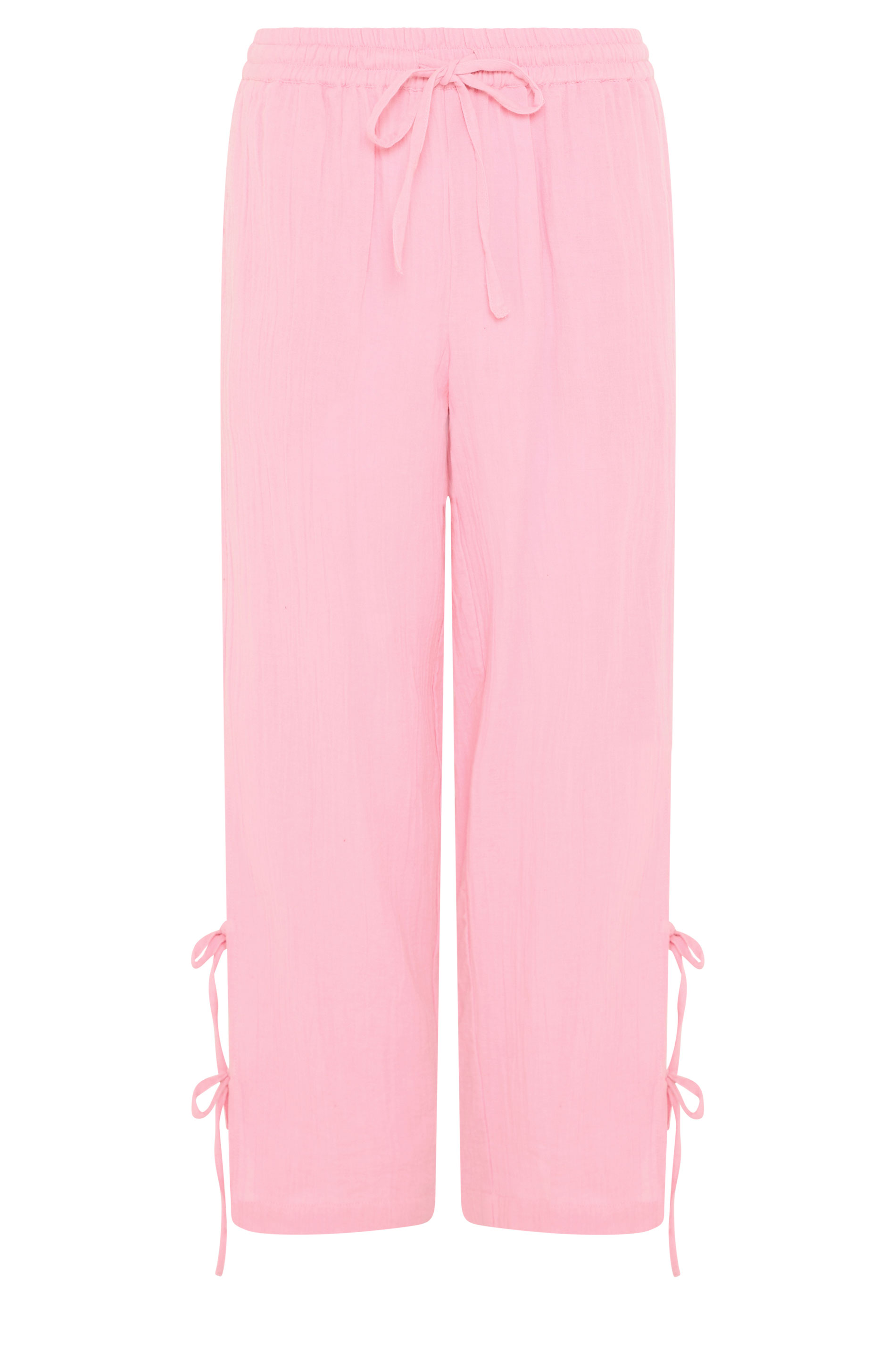 PixieGirl Petite Women's Pink Tie Detail Cotton Cheesecloth Wide Leg Trousers | PixieGirl 5