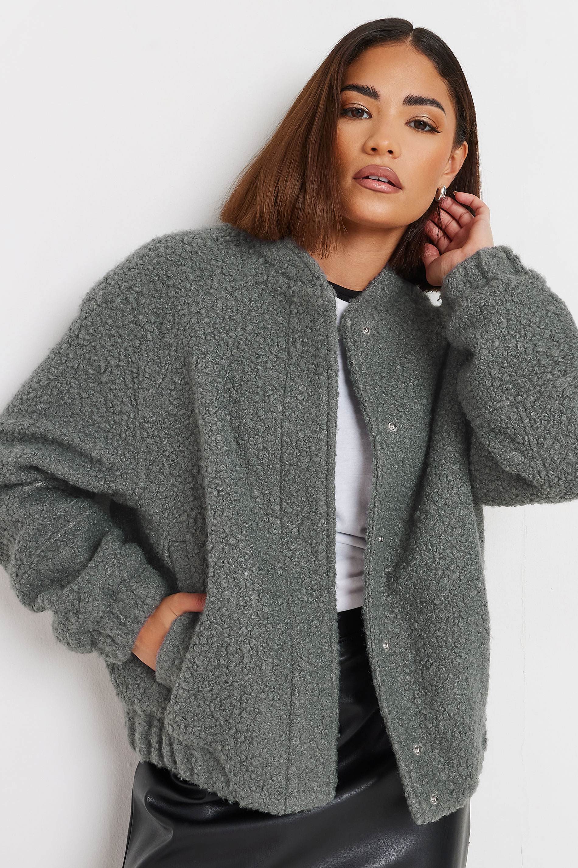 PixieGirl Petite Women's Grey Boucle Bomber Jacket | PixieGirl 4