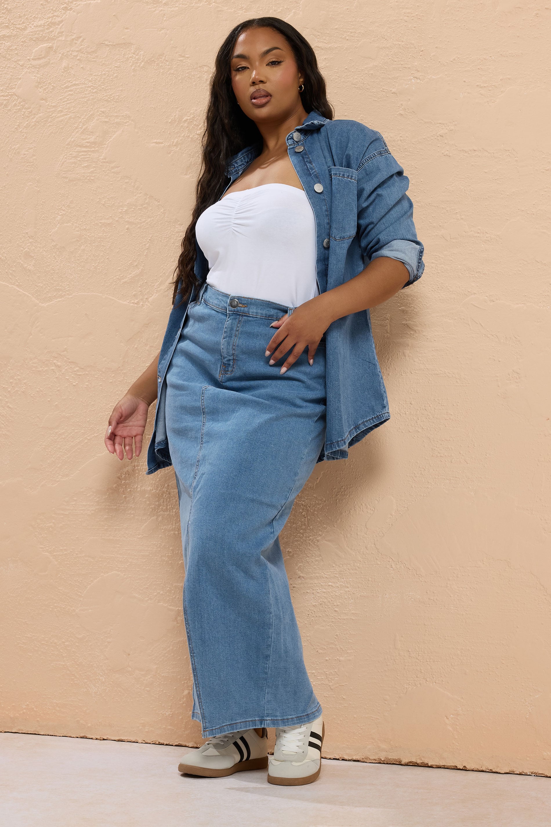 YOURS Plus Size Blue Stretch Denim Maxi Skirt | Yours Clothing  1