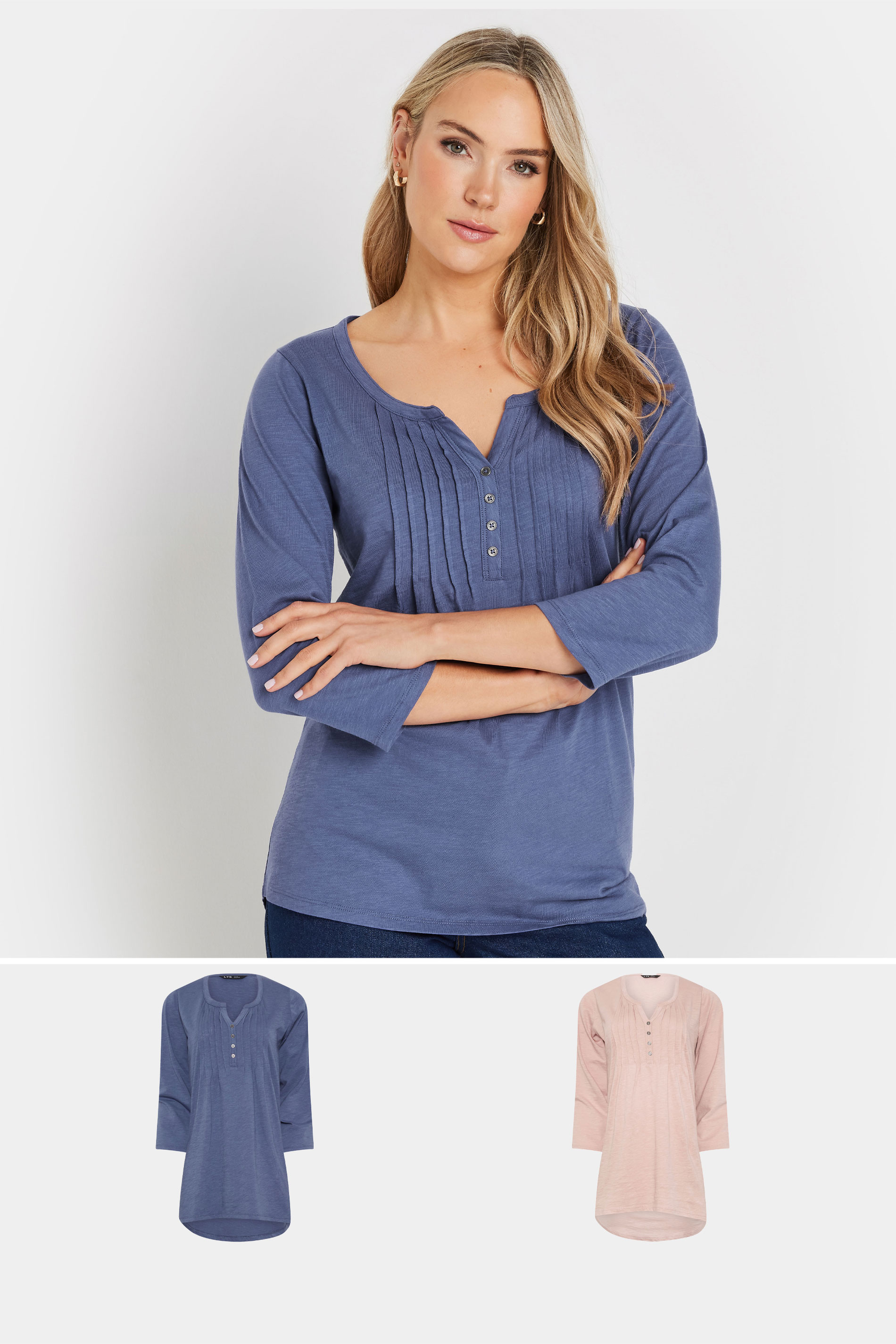 LTS Tall 2 PACK Light Pink & Blue Cotton Henley Tops | Long Tall Sally 1