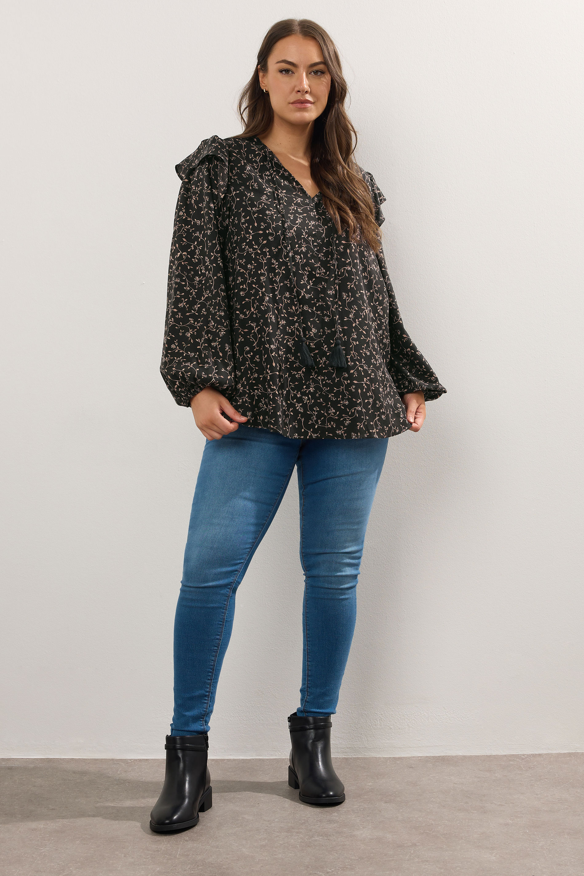 YOURS Plus Size Black Leaf Print Frill Top | Yours Clothing 1