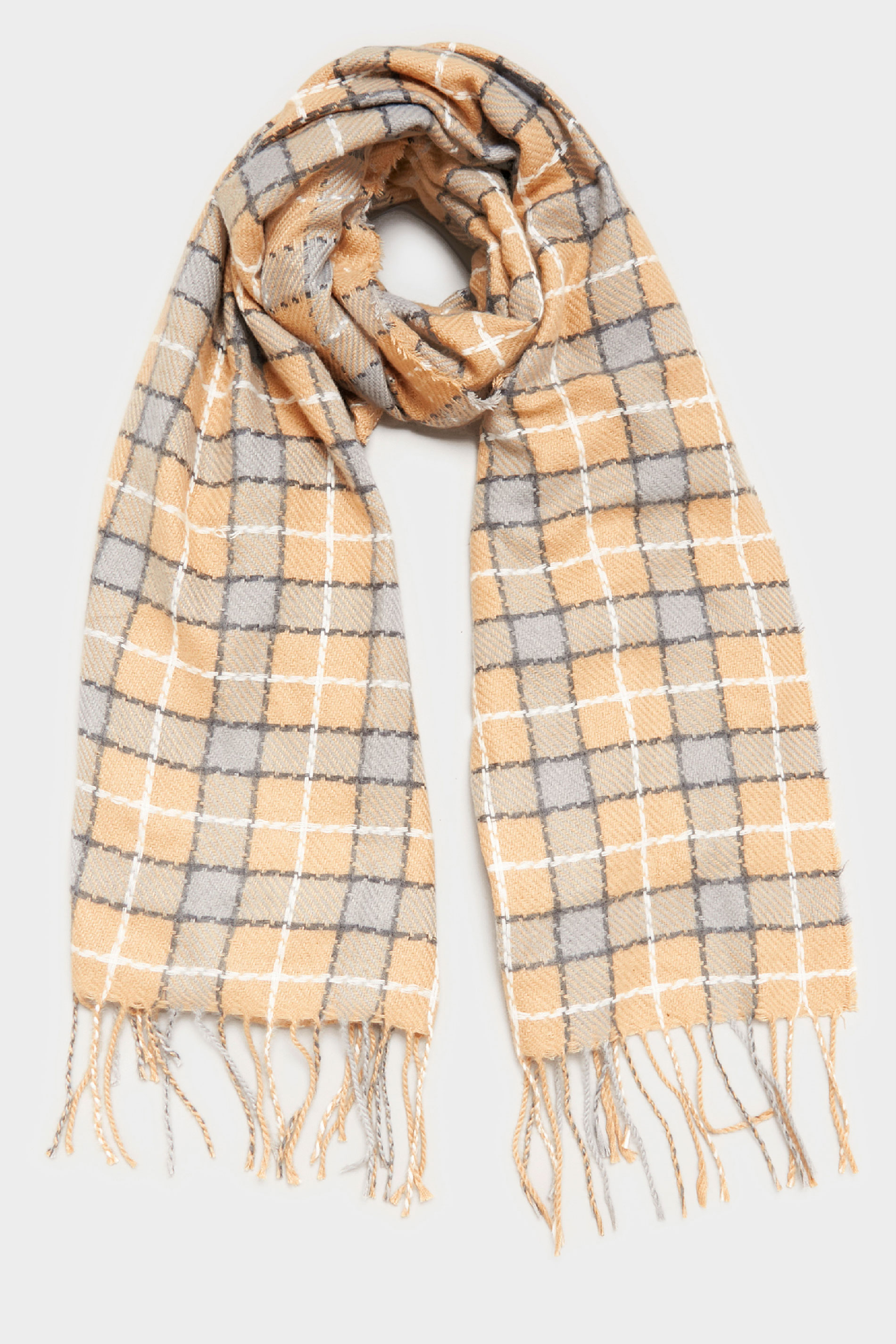 Beige Brown Check Print Tassel Scarf | Yours Clothing 1