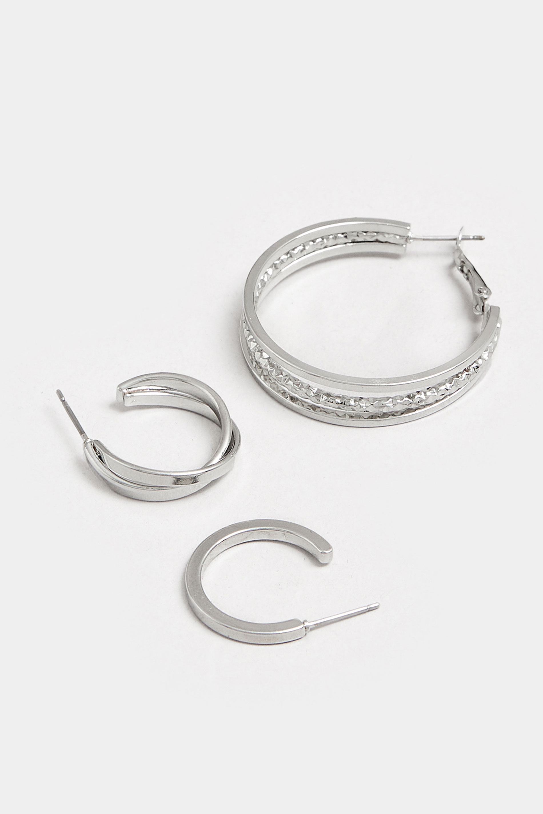 YOURSET 3 PACK Silver Tone Mixed Hoop Earrings Set | Yours Clothing 4