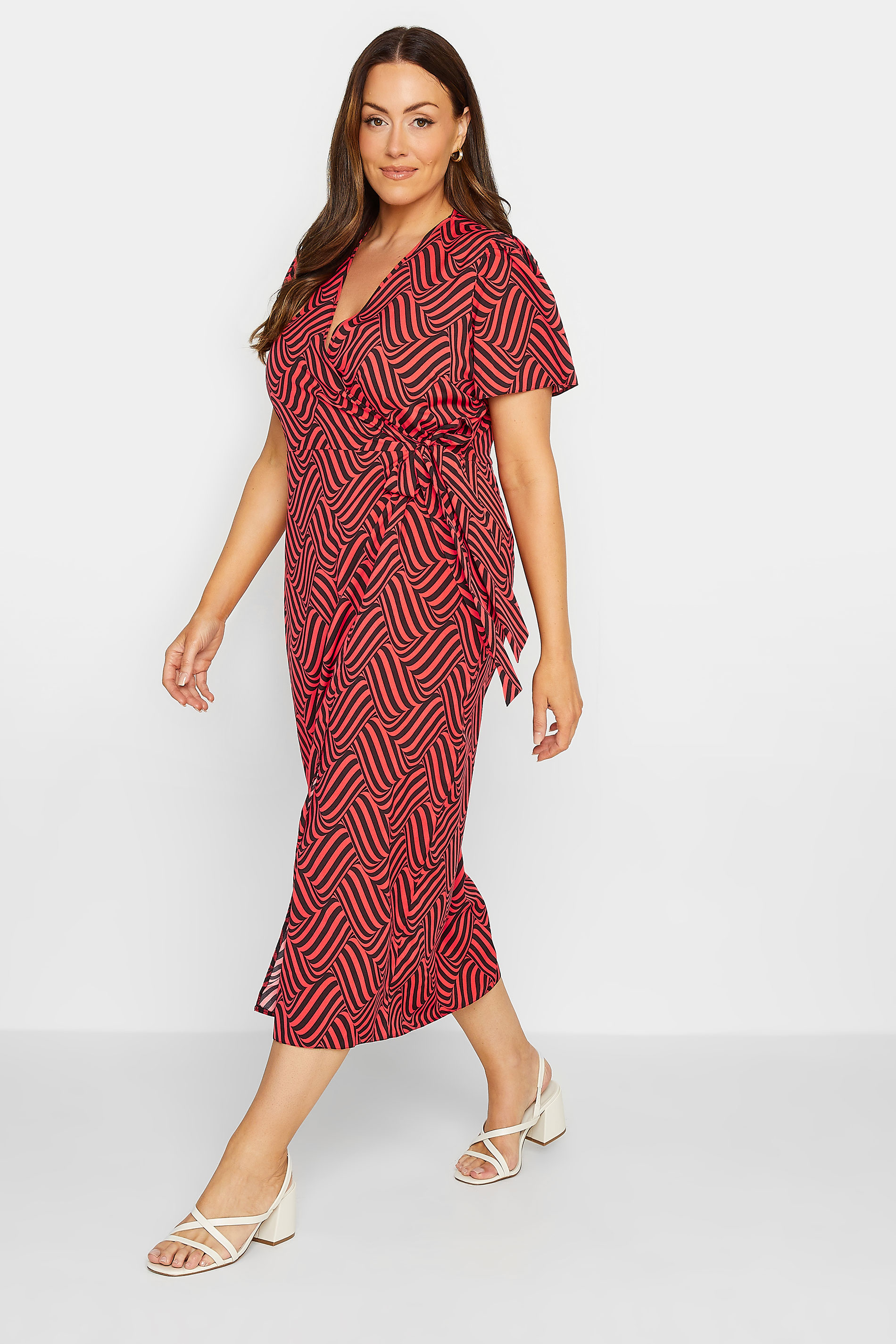 M&Co Red Abstract Stripe Wrap Dress | M&Co 1