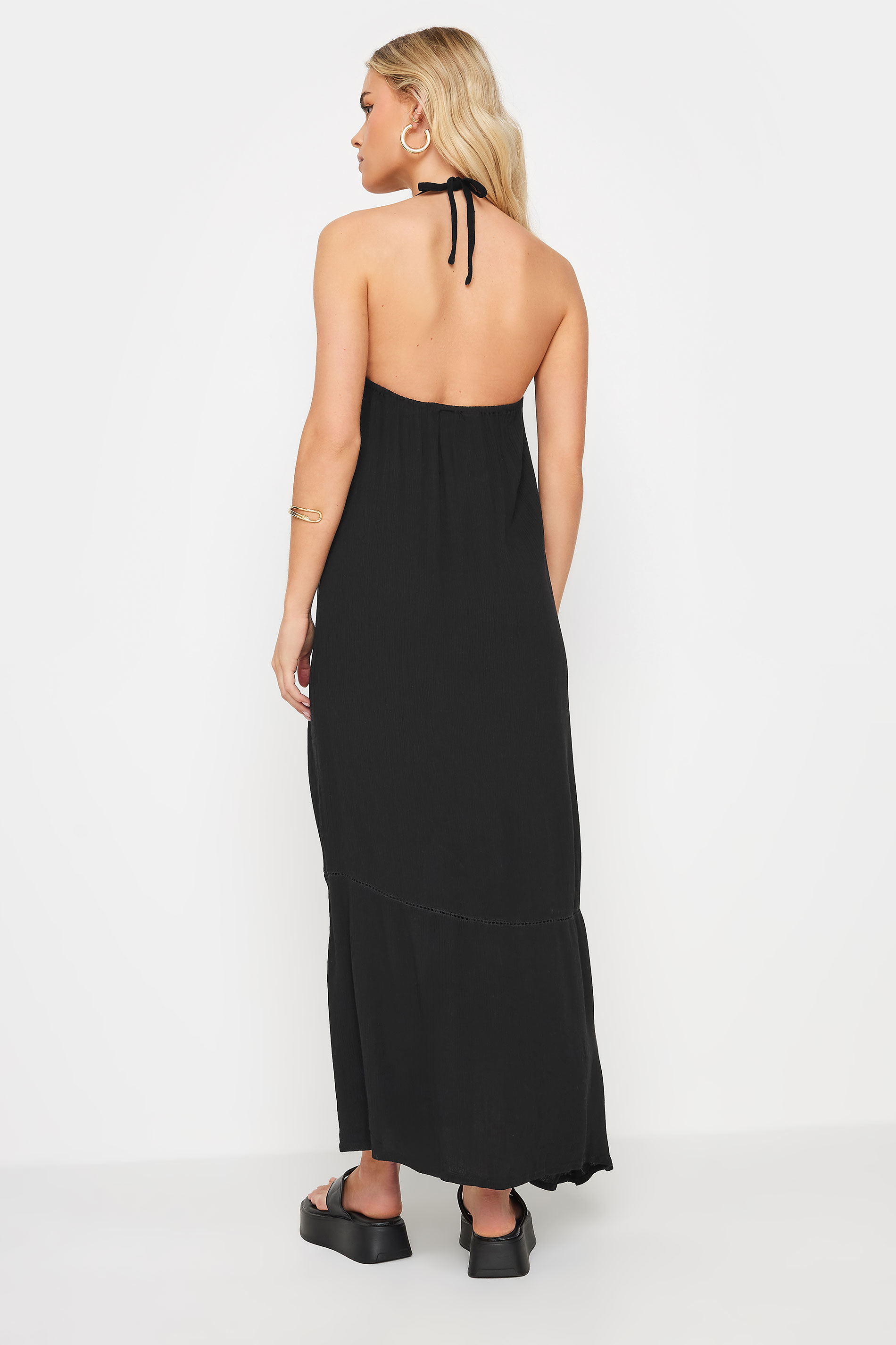 PixieGirl Petite Women's Black Crochet Trim Halter Neck Maxi Dress | PixieGirl 4