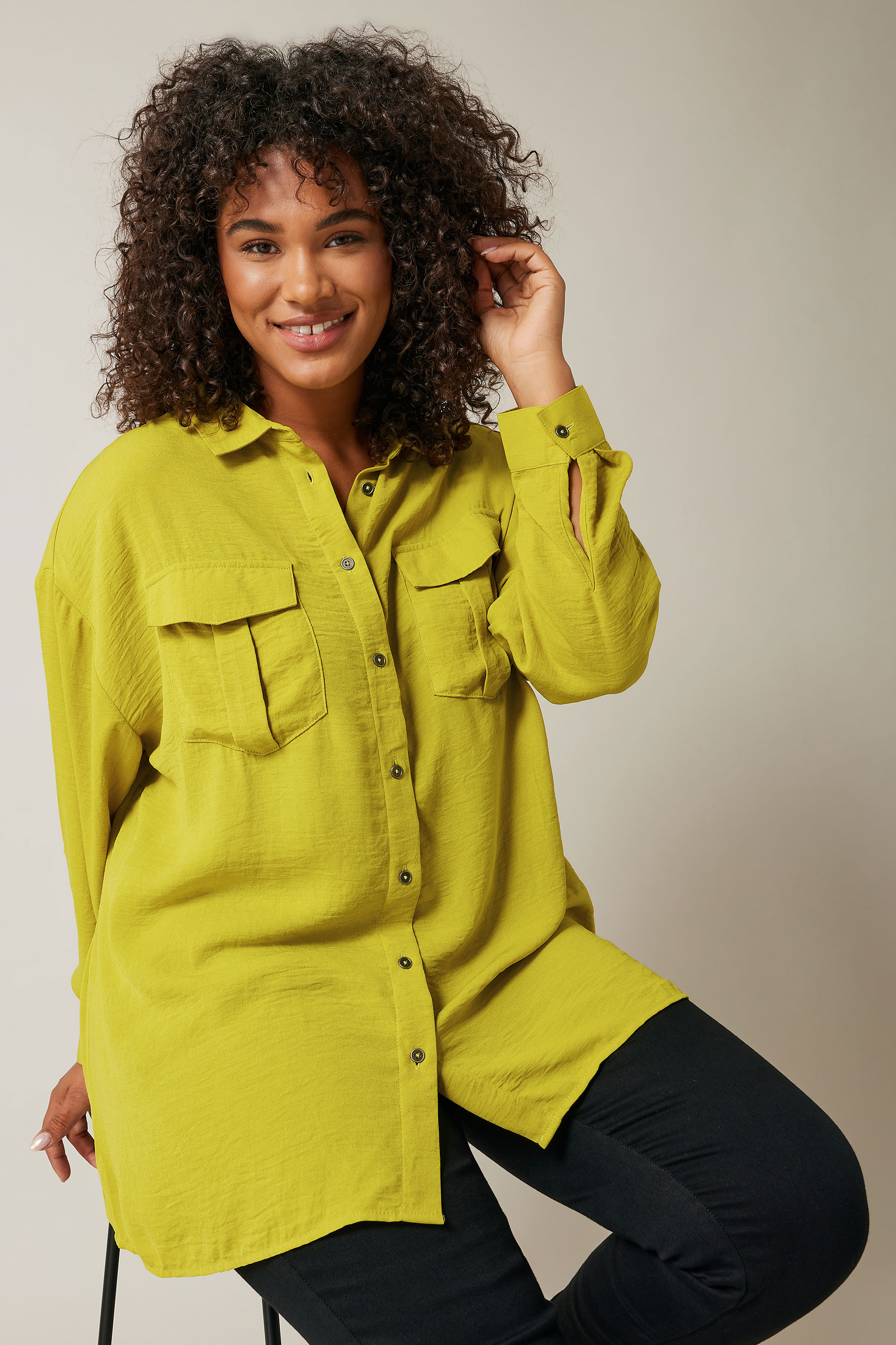 EVANS Plus Size Chartreuse Green Long Sleeve Utility Shirt | Evans  3