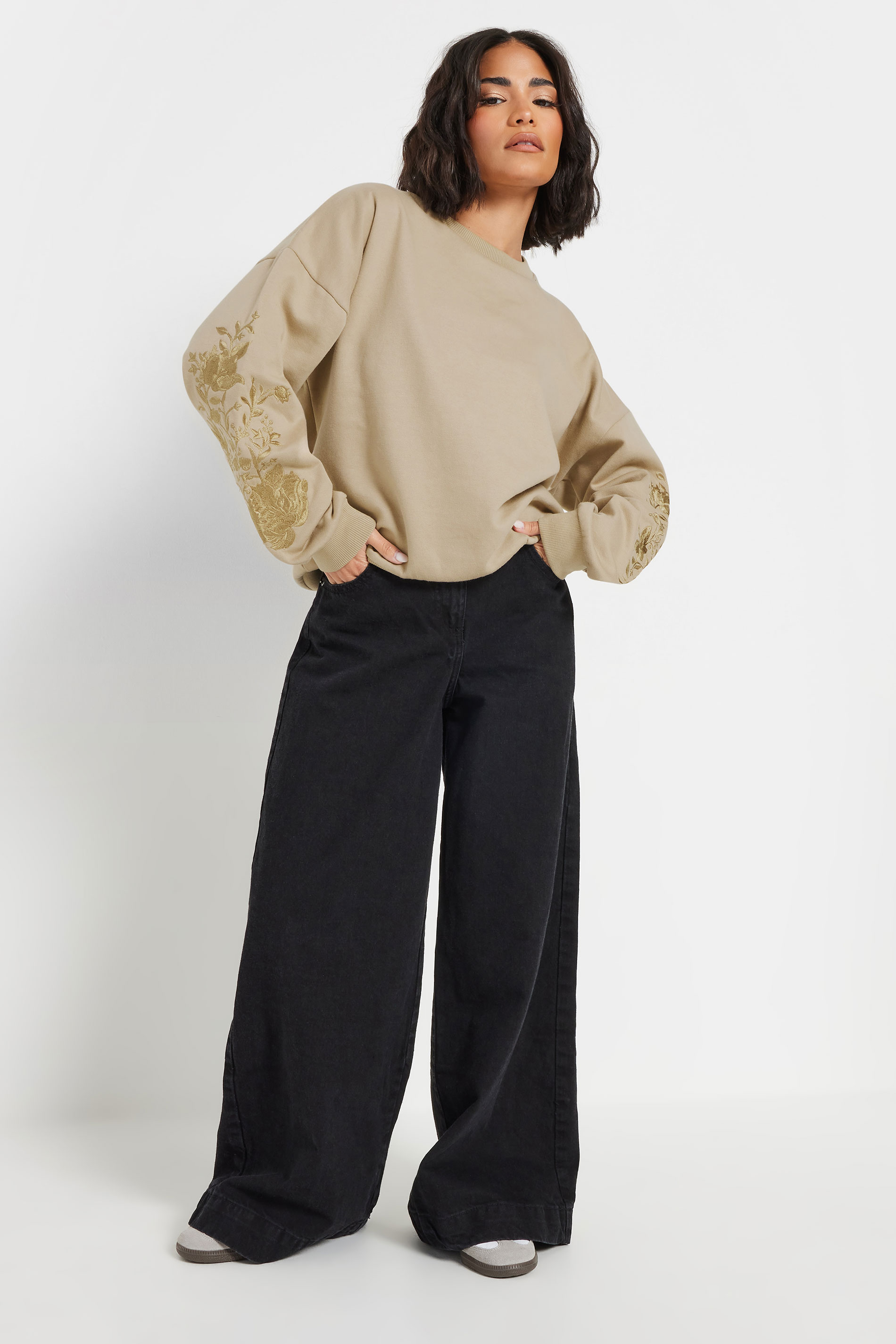 PixieGirl Petite Women's Natural Brown Floral Embroidered Sweatshirt | PixieGirl 2