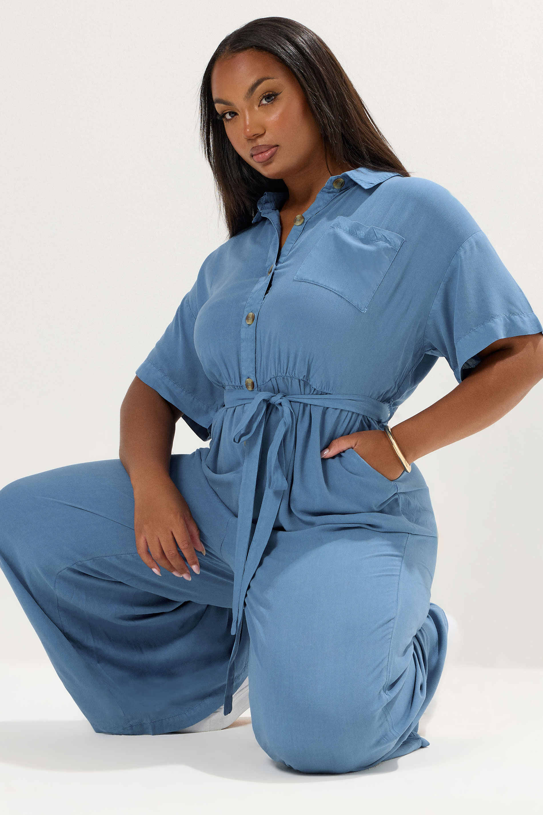 YOURS Plus Size Blue Wide Leg Chambray Jumpsuit | Yours Clothing 1