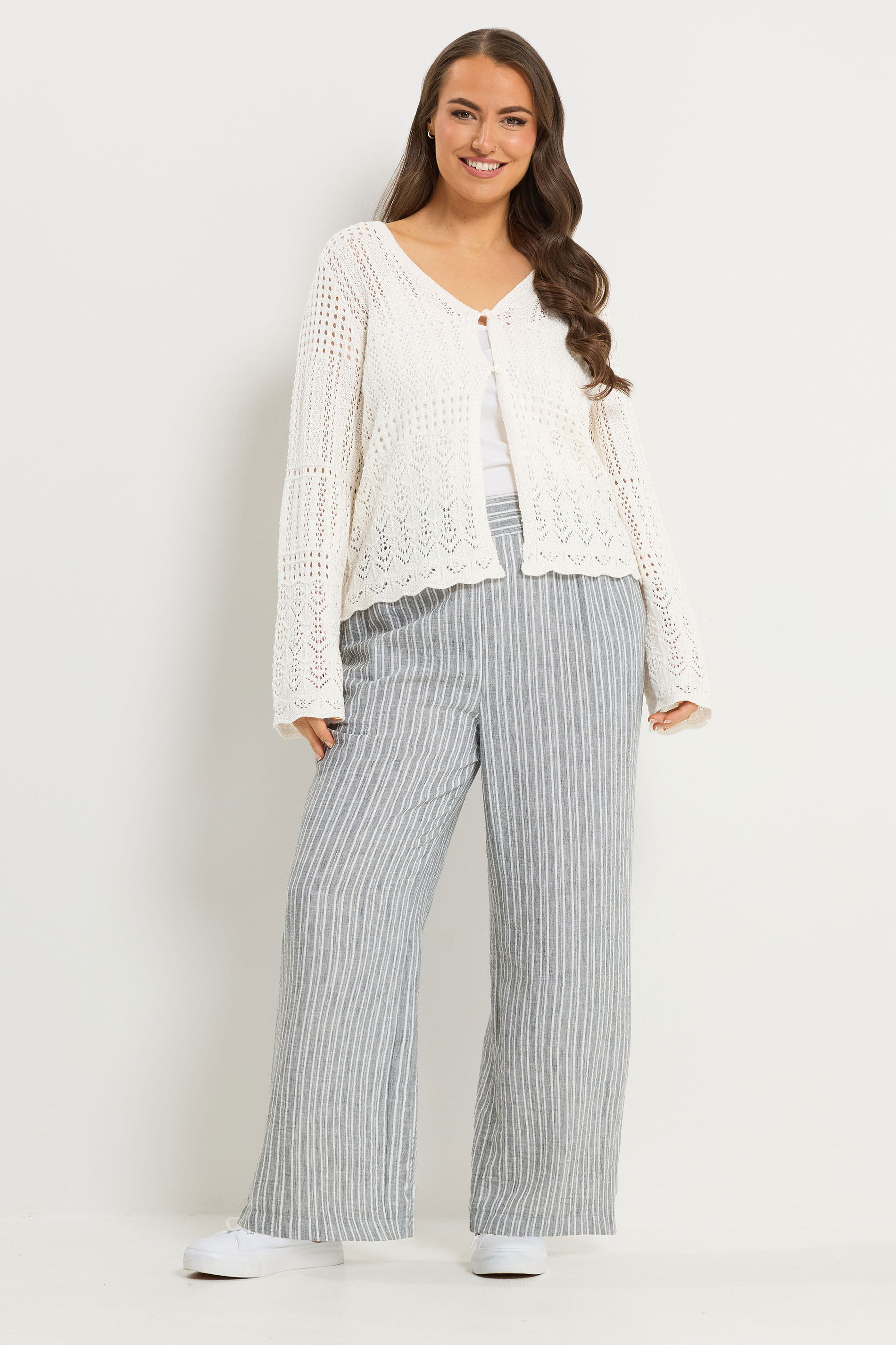 YOURS Plus Size Ivory White Pointelle Knitted Cardigan | Yours Clothing 1