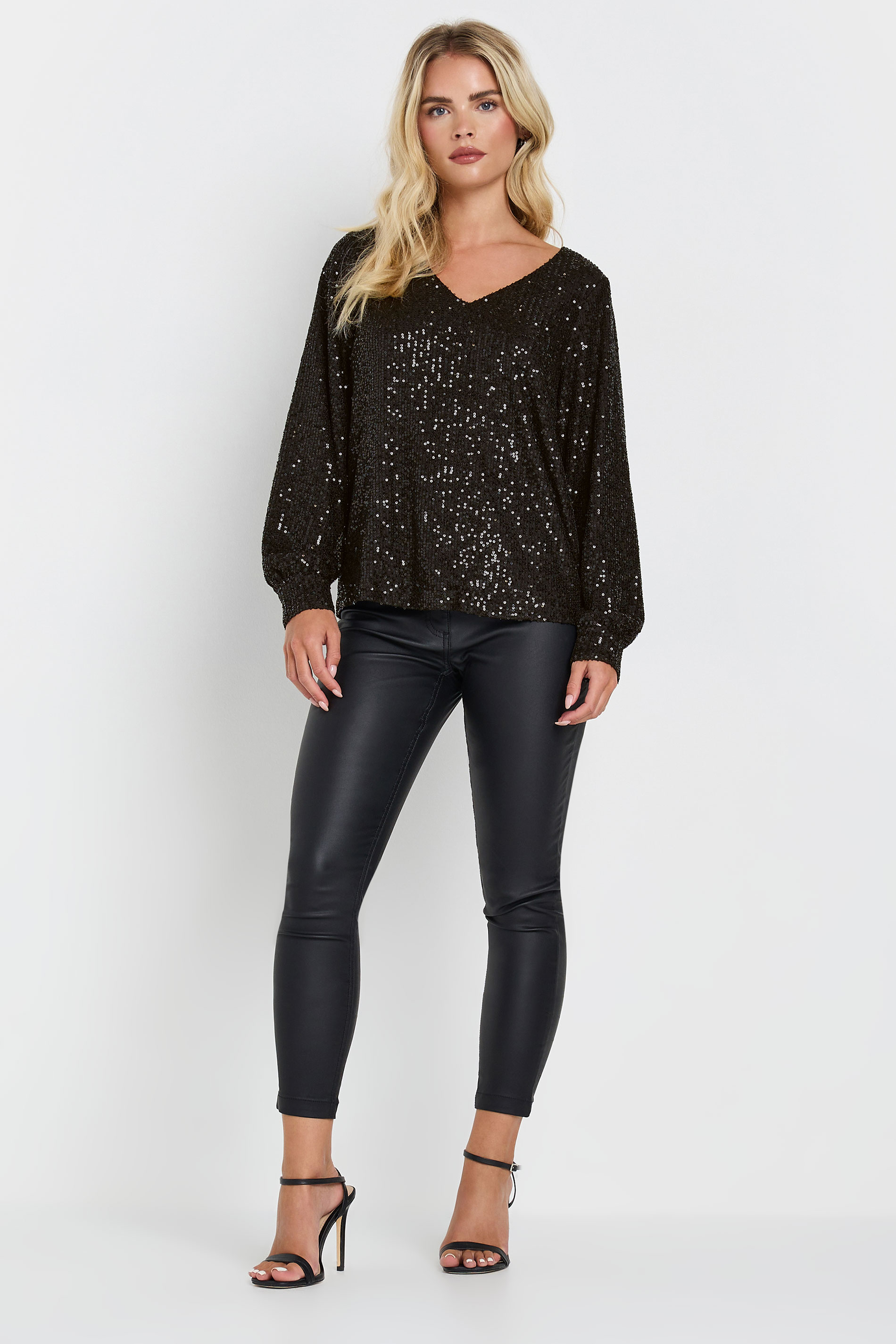 M&Co Petite Black Sequin V-Neck Long Sleeve Top | M&Co 1