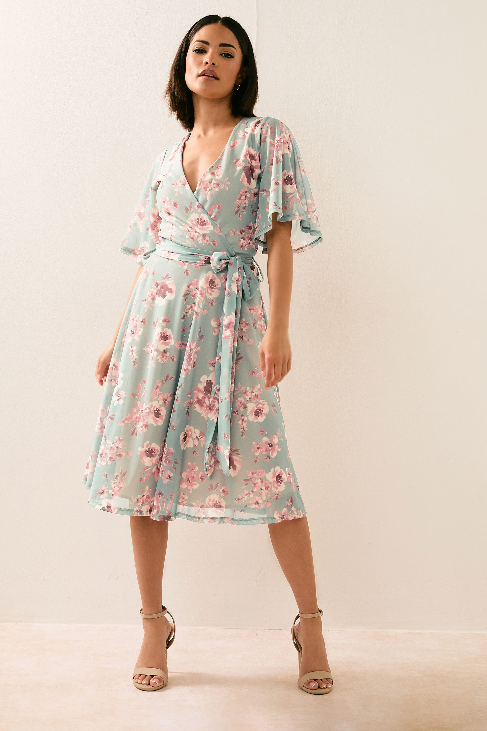 PixieGirl Petite Women's Sage Green Mesh Floral Wrap Midi Dress | PixieGirl 3