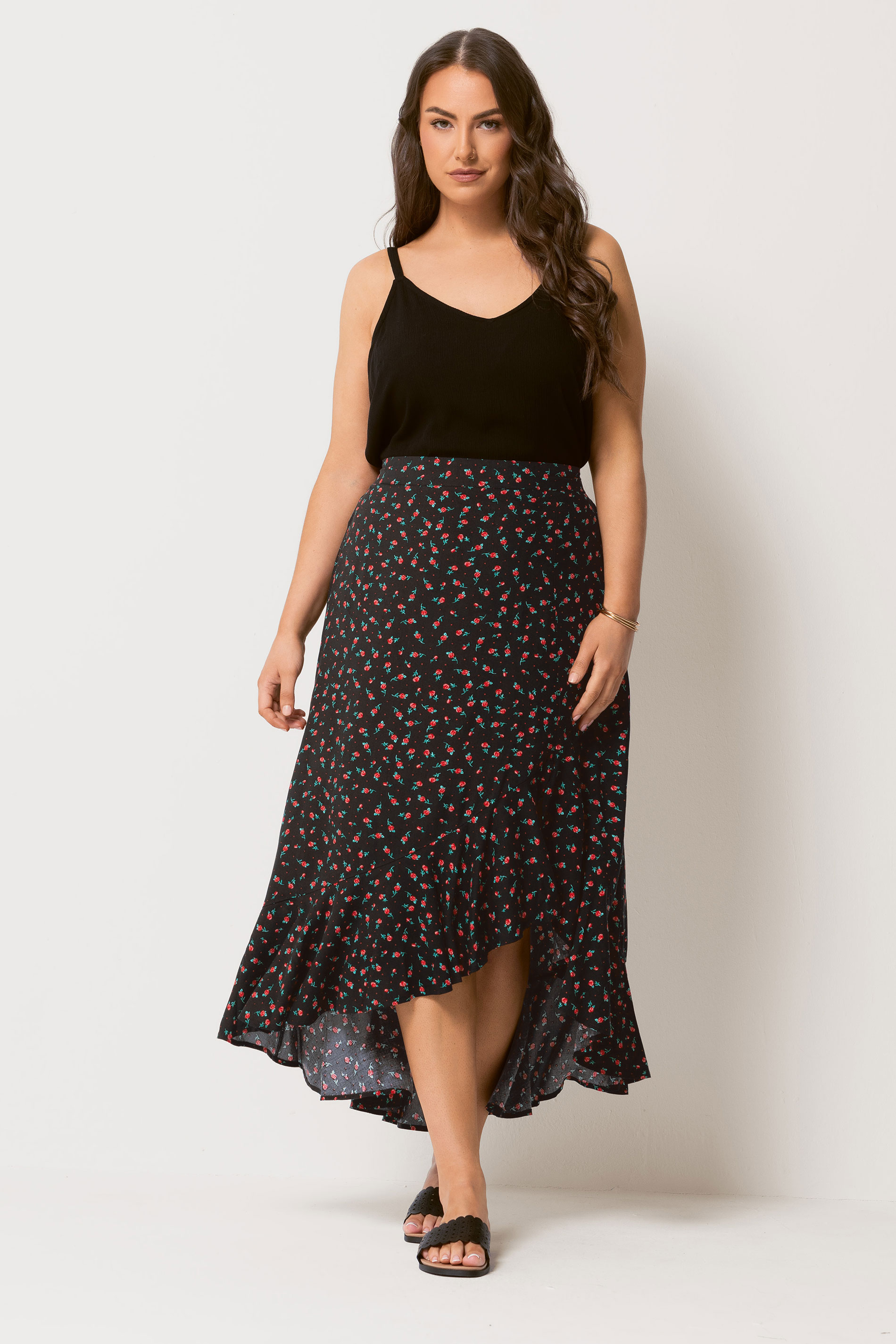 YOURS Plus Size Black Ditsy Floral Ruffle Skirt | Yours Clothing 3