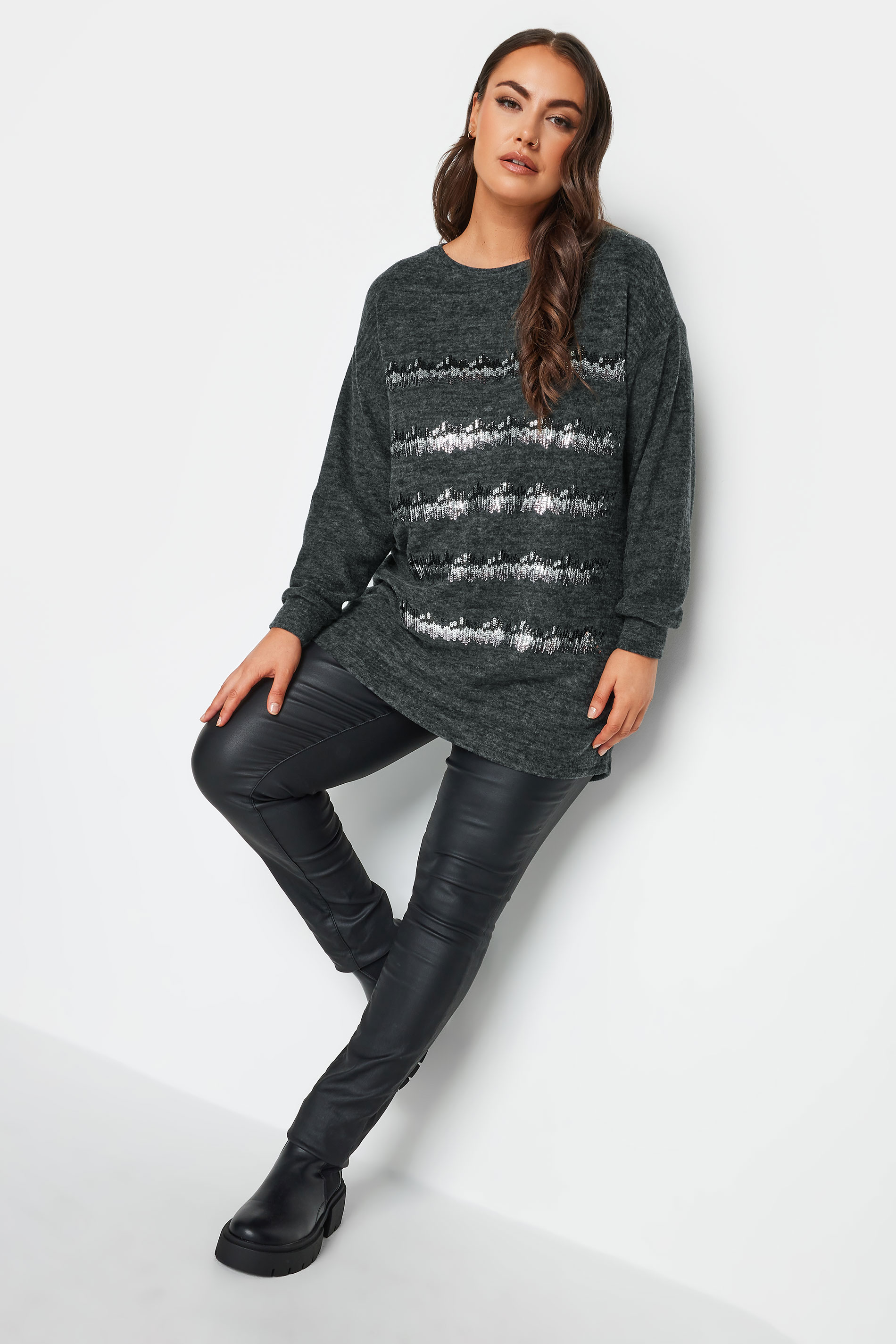 YOURS Plus Size Charcoal Grey Sequin Embellished Stripe Jumper | Yours Clothing 2