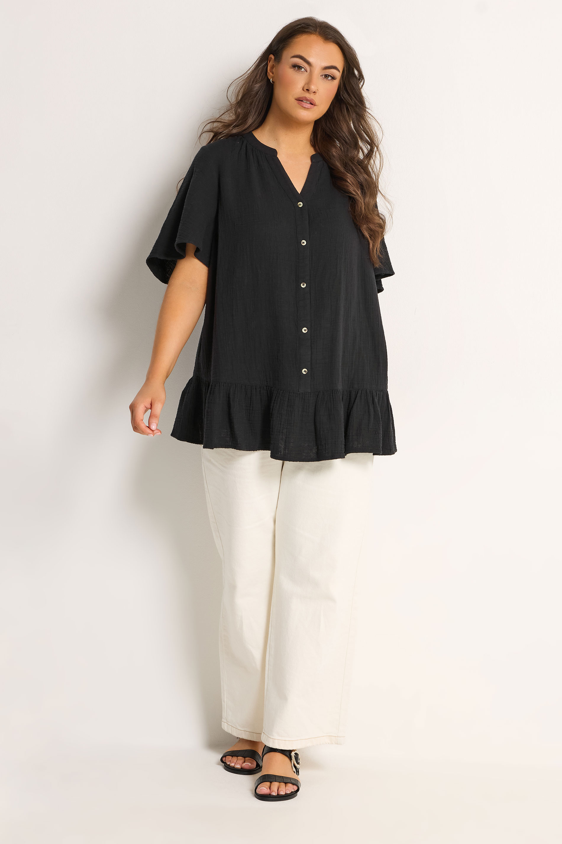 YOURS Plus Size Black Cheesecloth Button Through Top | Yours Clothing 1