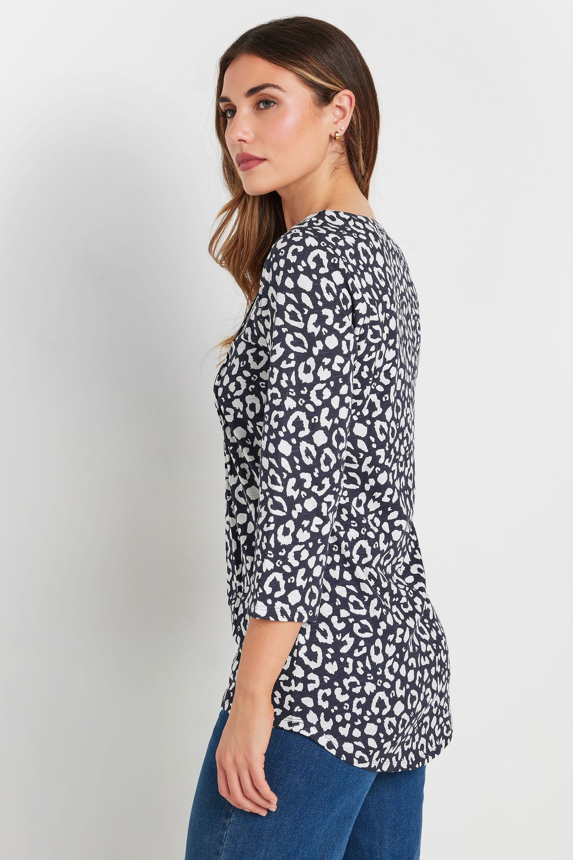 LTS Tall Navy Blue Leopard Print Cotton Henley Top | Long Tall Sally 2