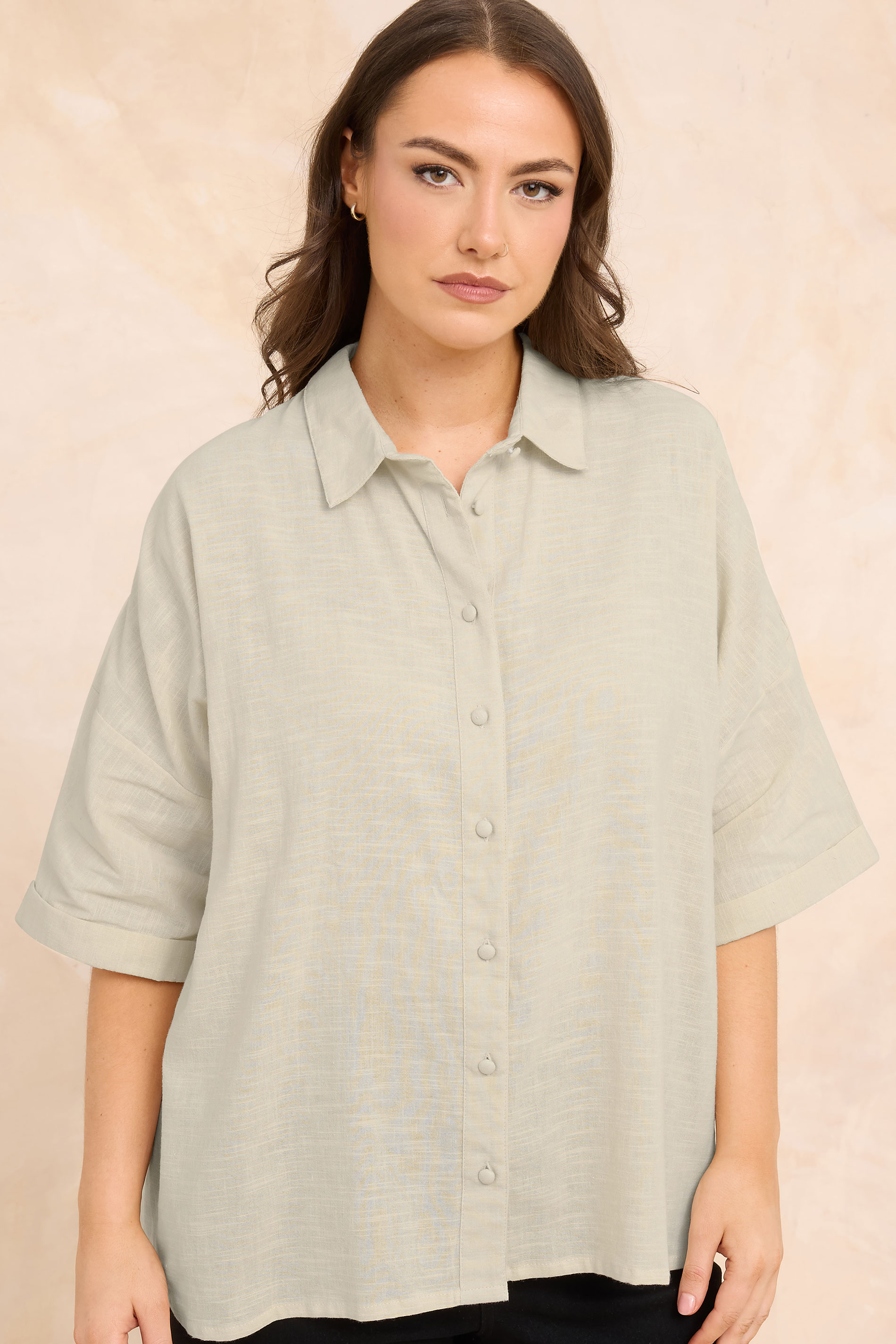 EVANS Plus Size Natural Brown Short Sleeve Cotton Shirt | Evans 3