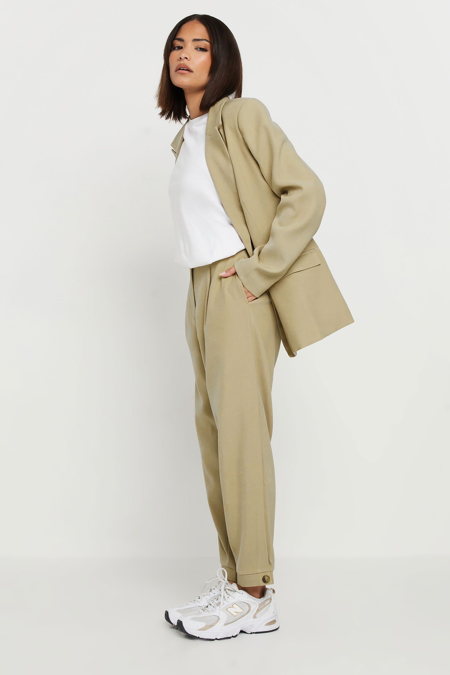 PixieGirl Petite Women's Stone Brown Tailored Barrel Button Trousers | PixieGirl 3
