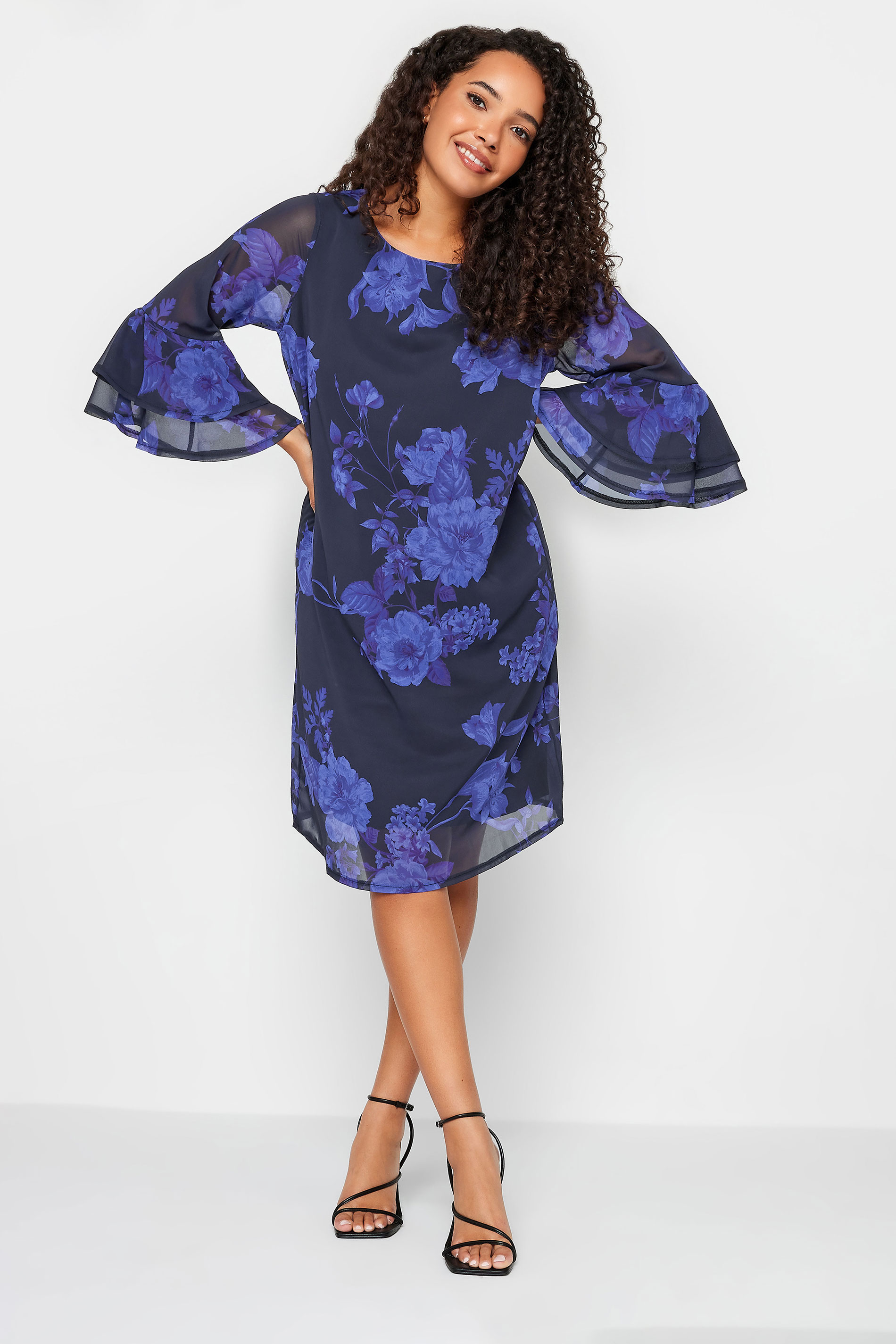 M&Co Black & Purple Floral Print Flute Sleeve Shift Dress | M&Co