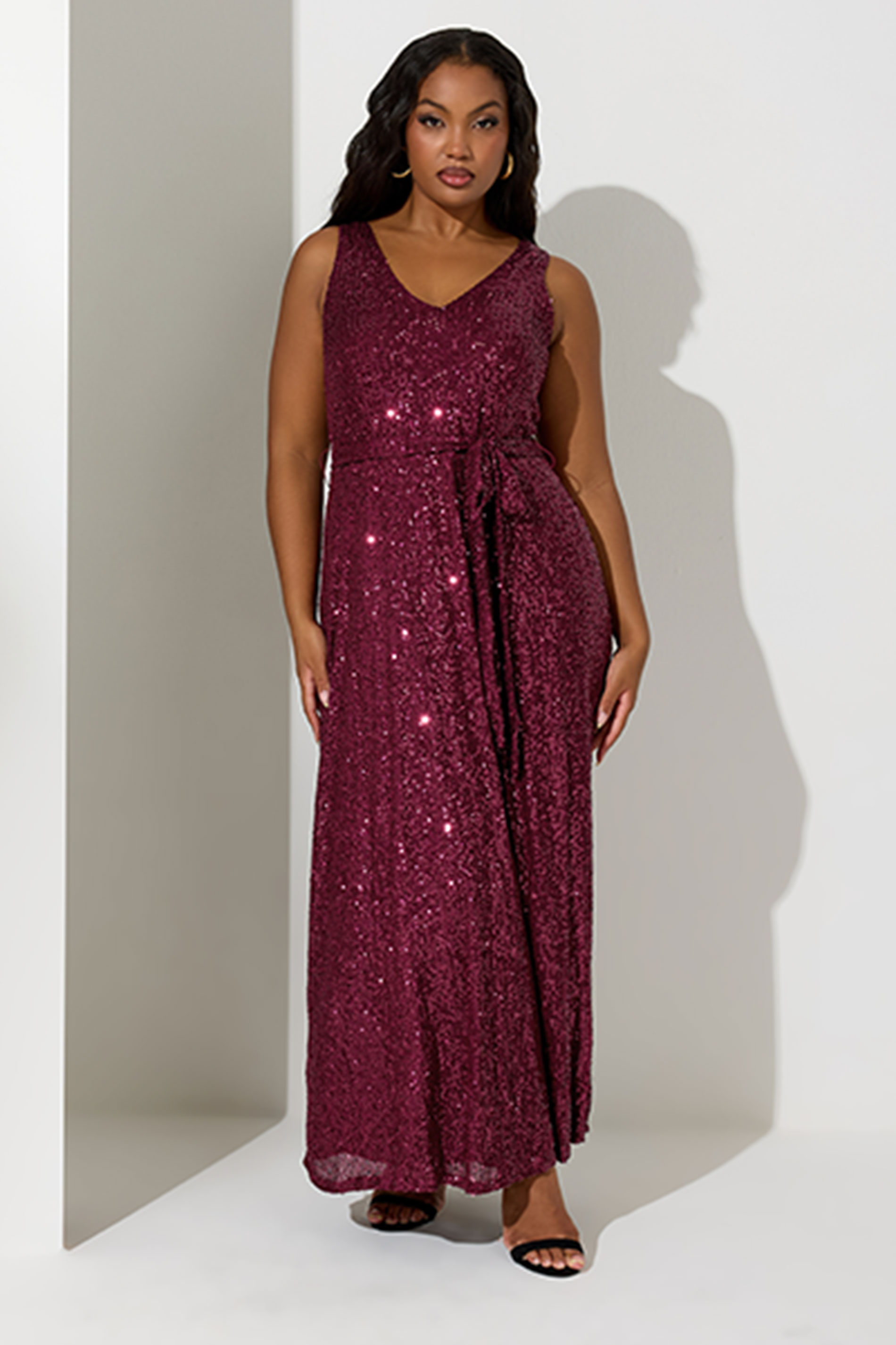 YOURS LONDON Plus Size Burgundy Red Sequin V-Neck Maxi Dress | Yours Clothing 3
