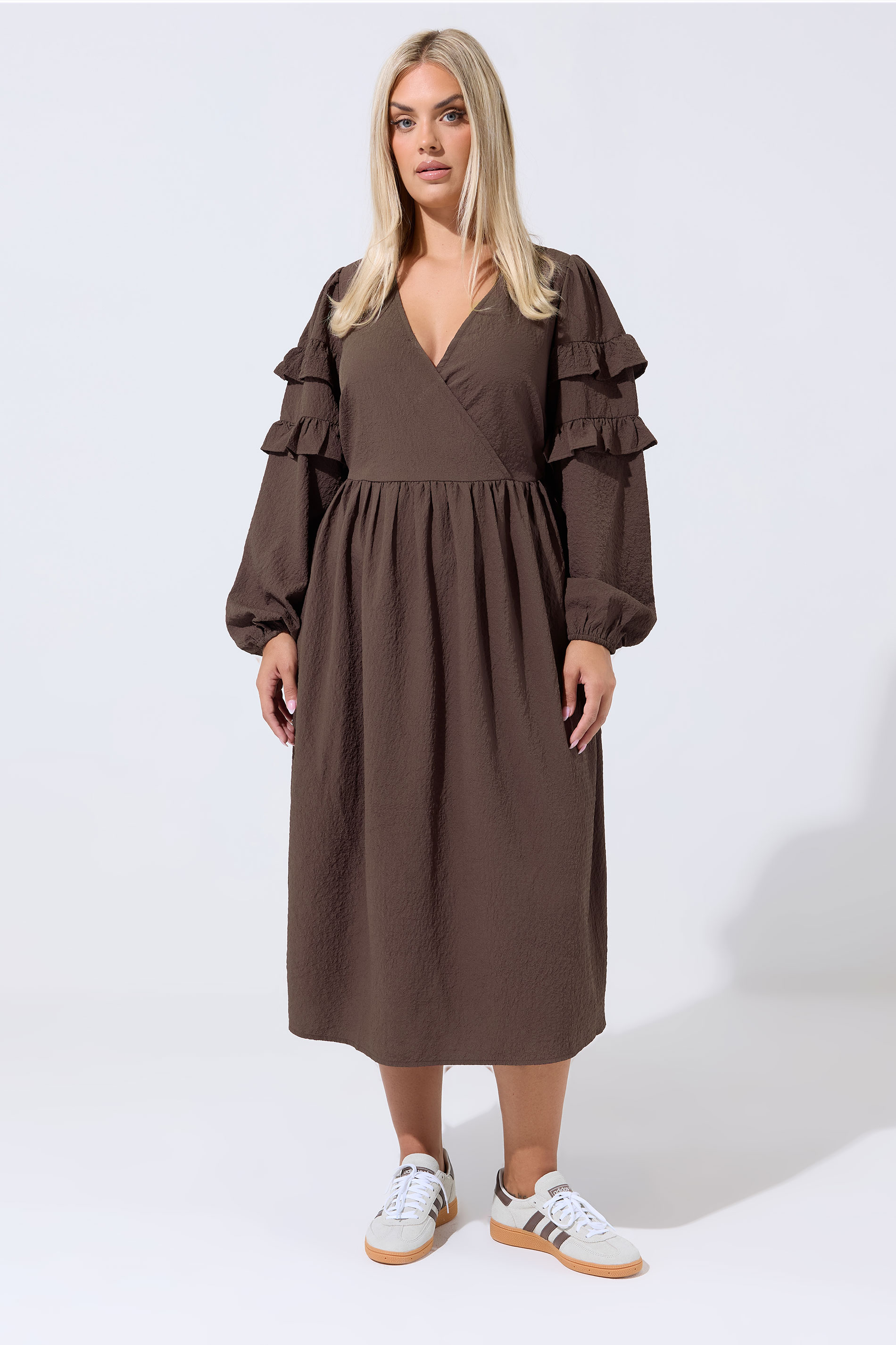 LIMITED COLLECTION Plus Size Brown Textured Ruffle Dress | Yours Clothing 3