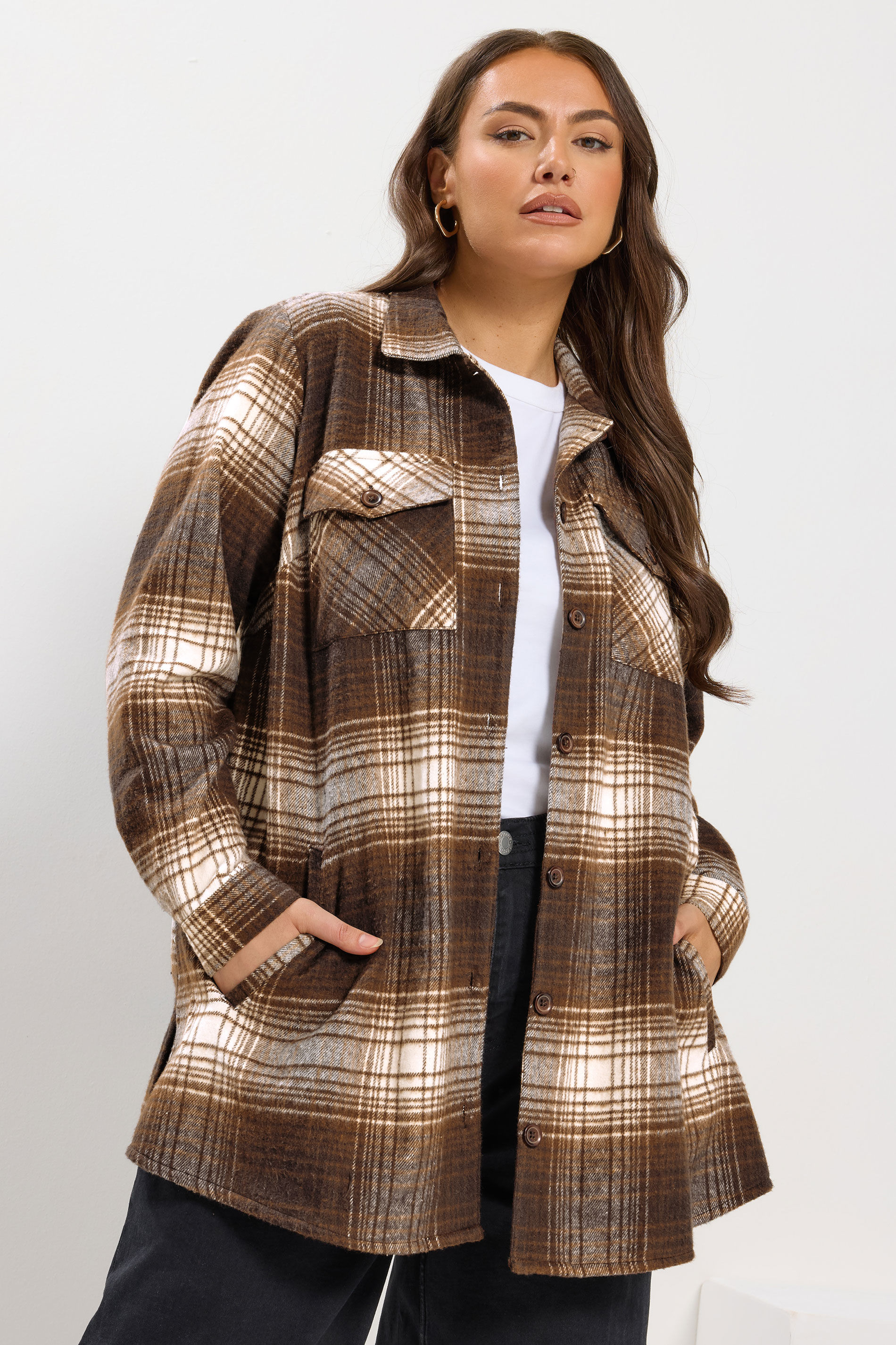 YOURS Plus Size Chocolate Brown Check Shacket | Yours Clothing 3