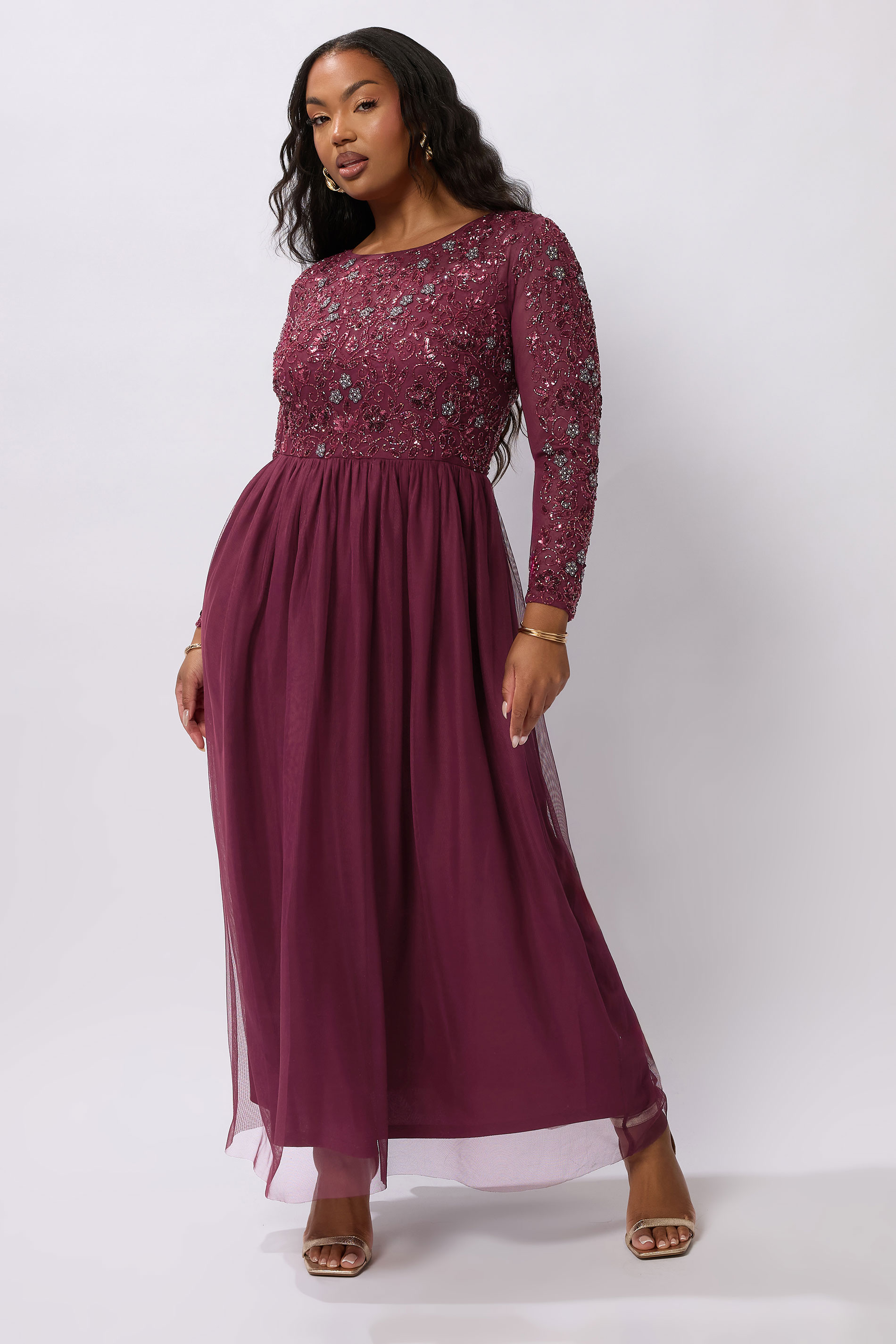 LUXE Plus Size Burgundy Red Sequin Floral Hand Embellished Maxi Dress | Yours Clothing 3