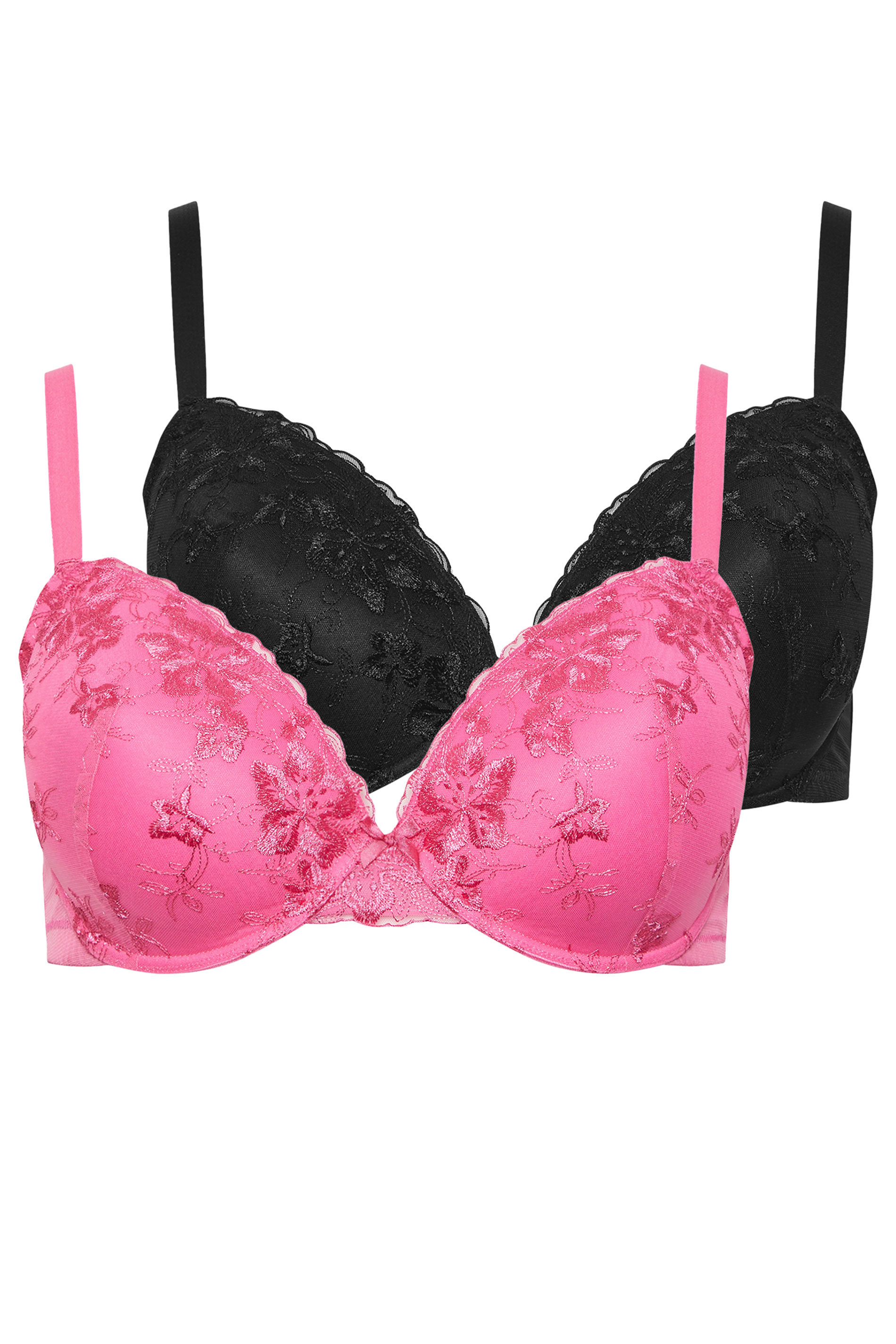 YOURSET 2 PACK Plus Size Black & Pink Floral Lace Embroidered Padded Bras | Yours Clothing 3