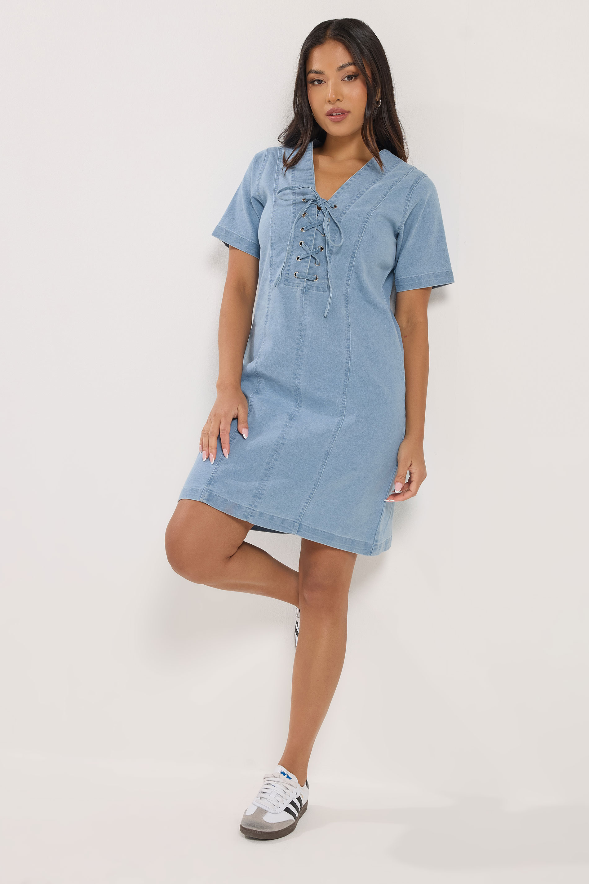 PixieGirl Petite Women's Light Blue Lace Up Denim Mini Dress | PixieGirl 1
