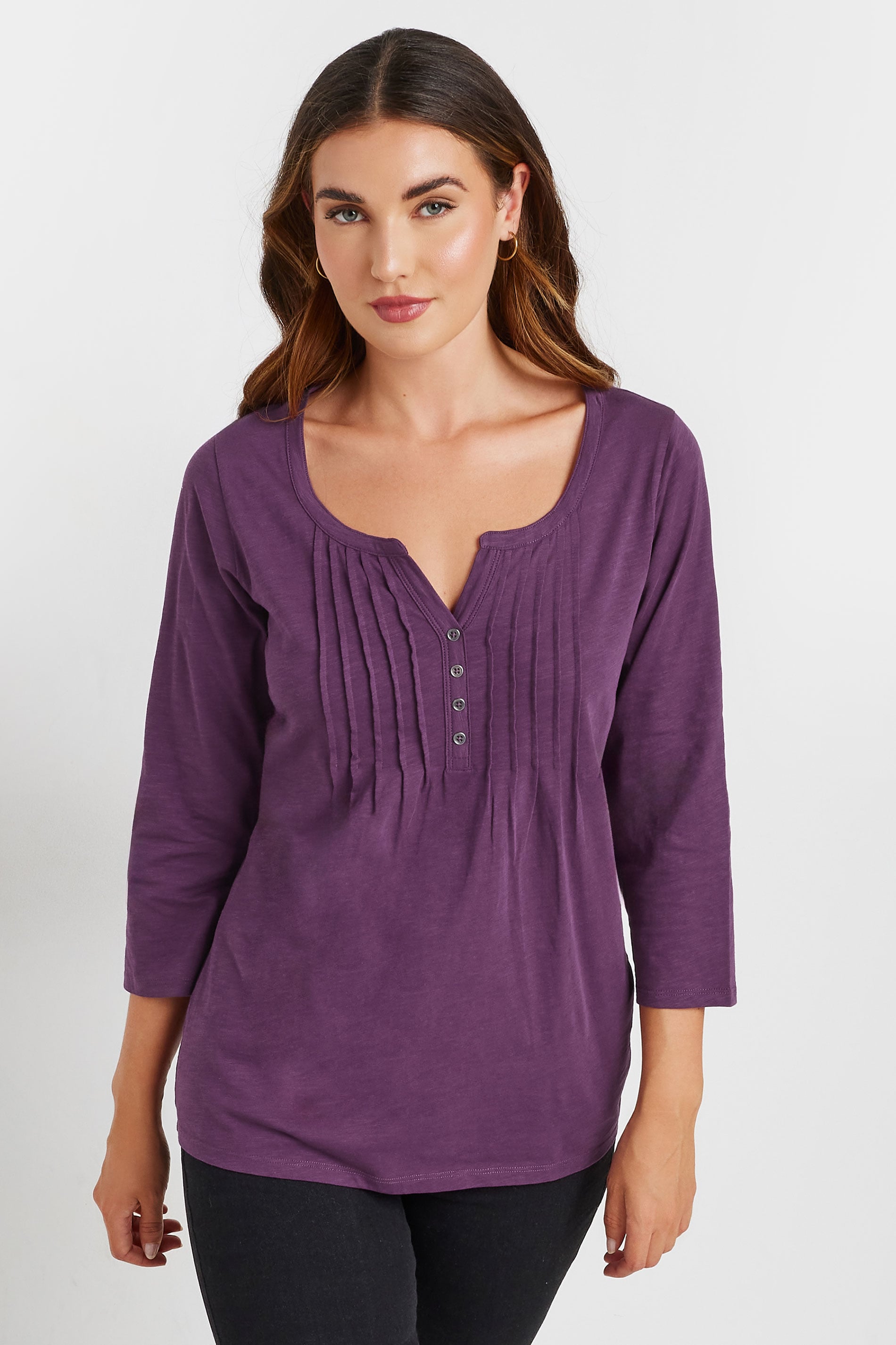 LTS Tall Dark Purple Cotton Henley Top | Long Tall Sally 3