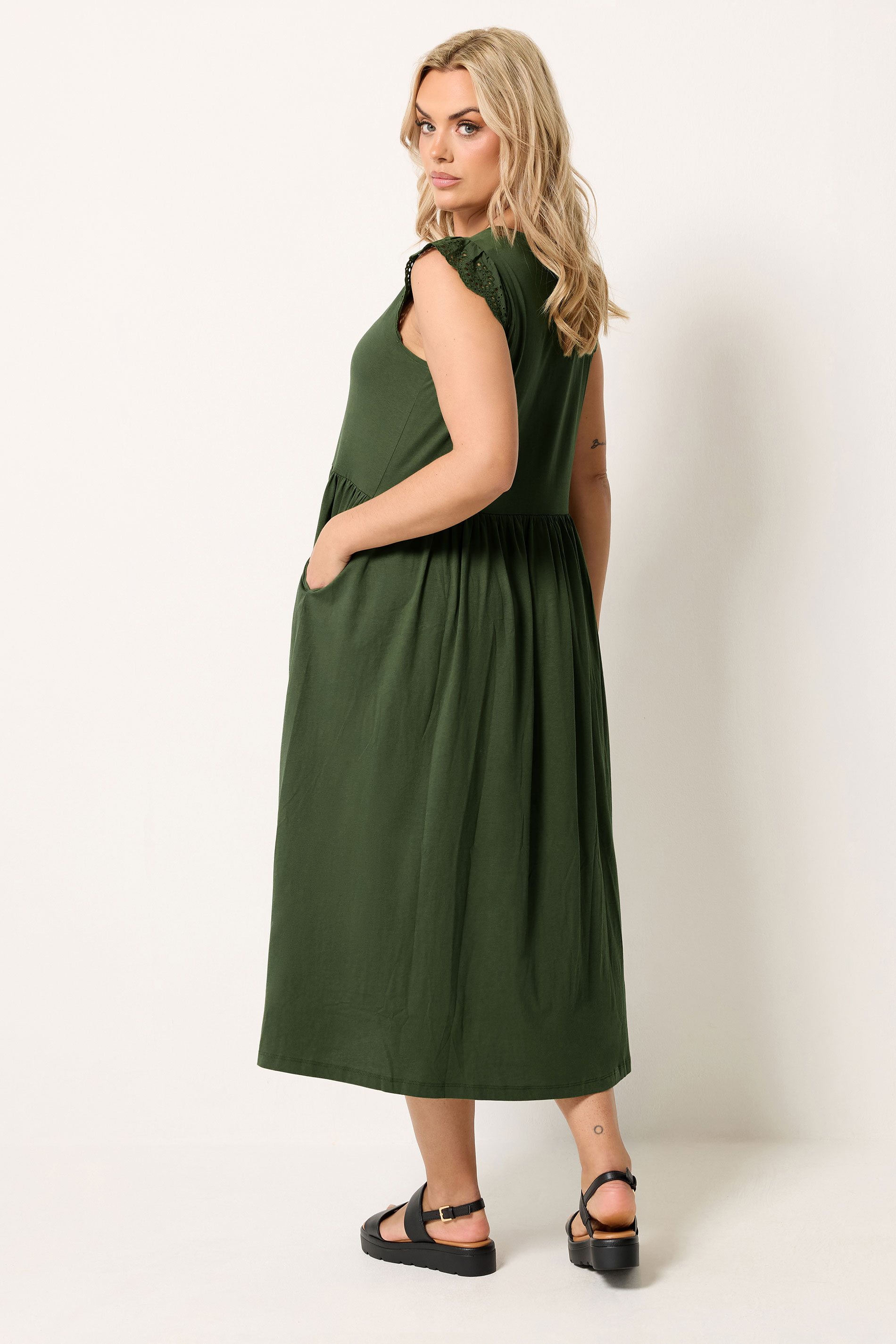 YOURS Plus Size Khaki Green Broderie Sleeve Maxi Dress | Yours Clothing 2