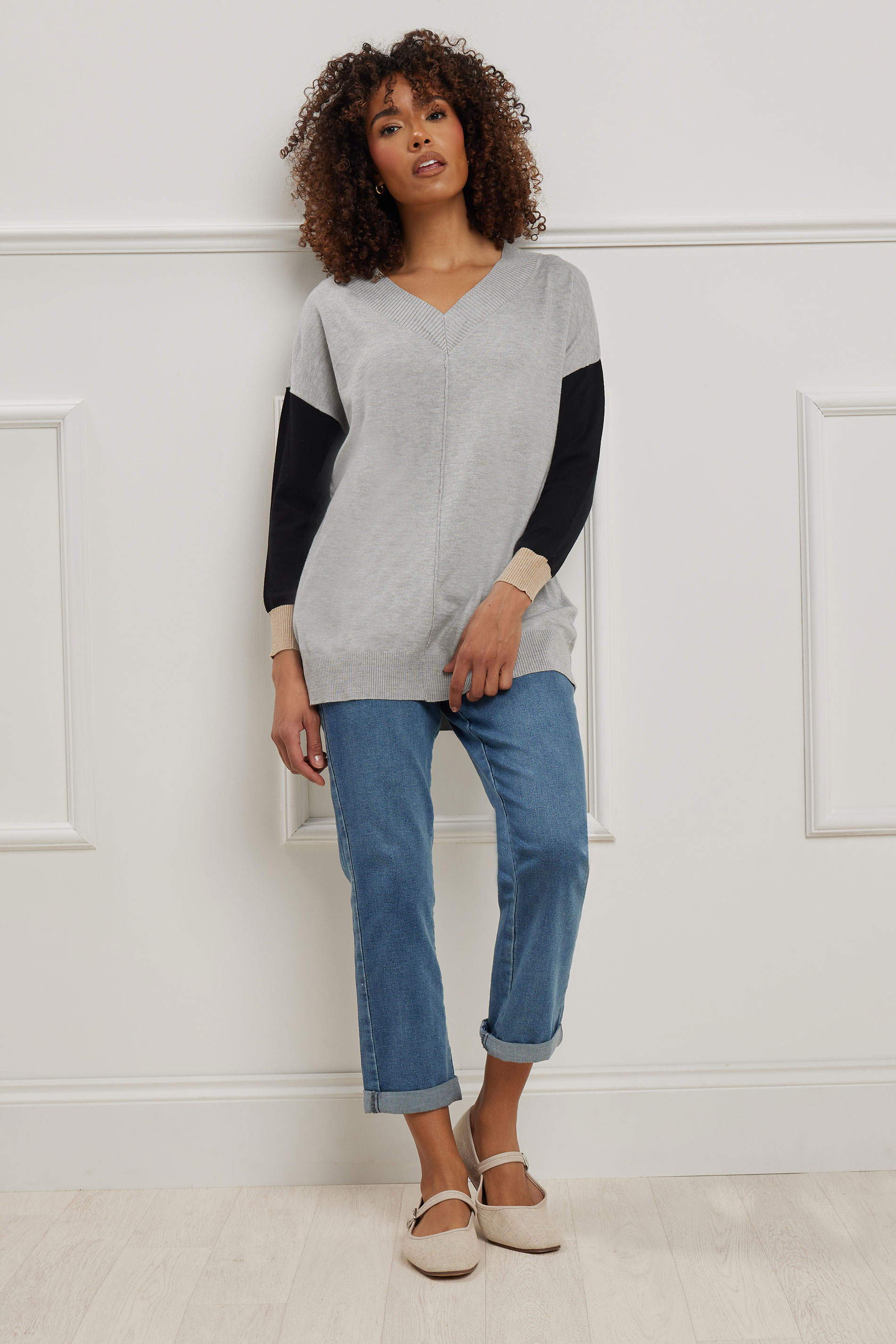 M&Co Grey Colourblock V-Neck Jumper | M&Co 1