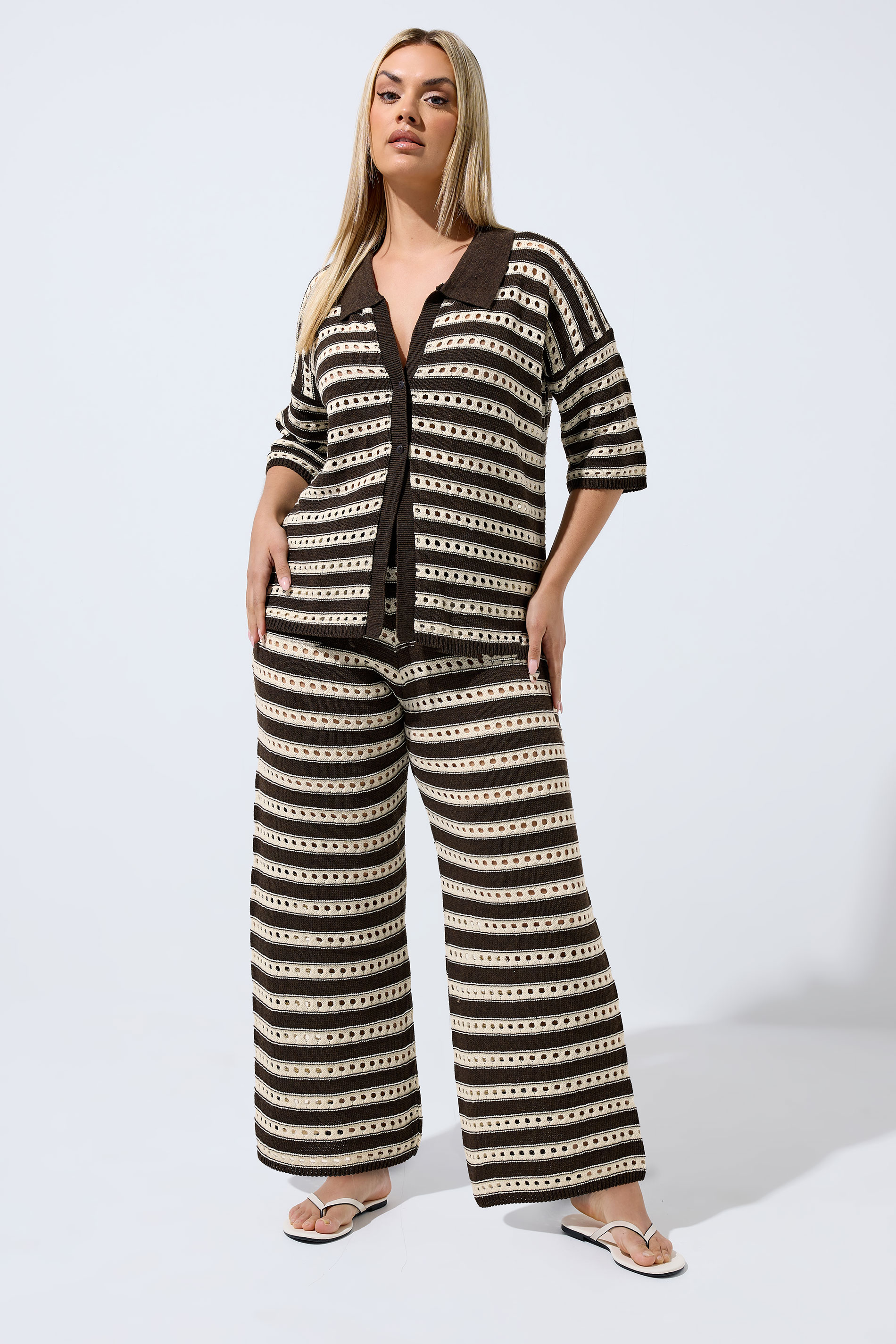 LIMITED COLLECTION Plus Size Chocolate Brown Stripe Crochet Wide Leg Trousers | Yours Clothing 3