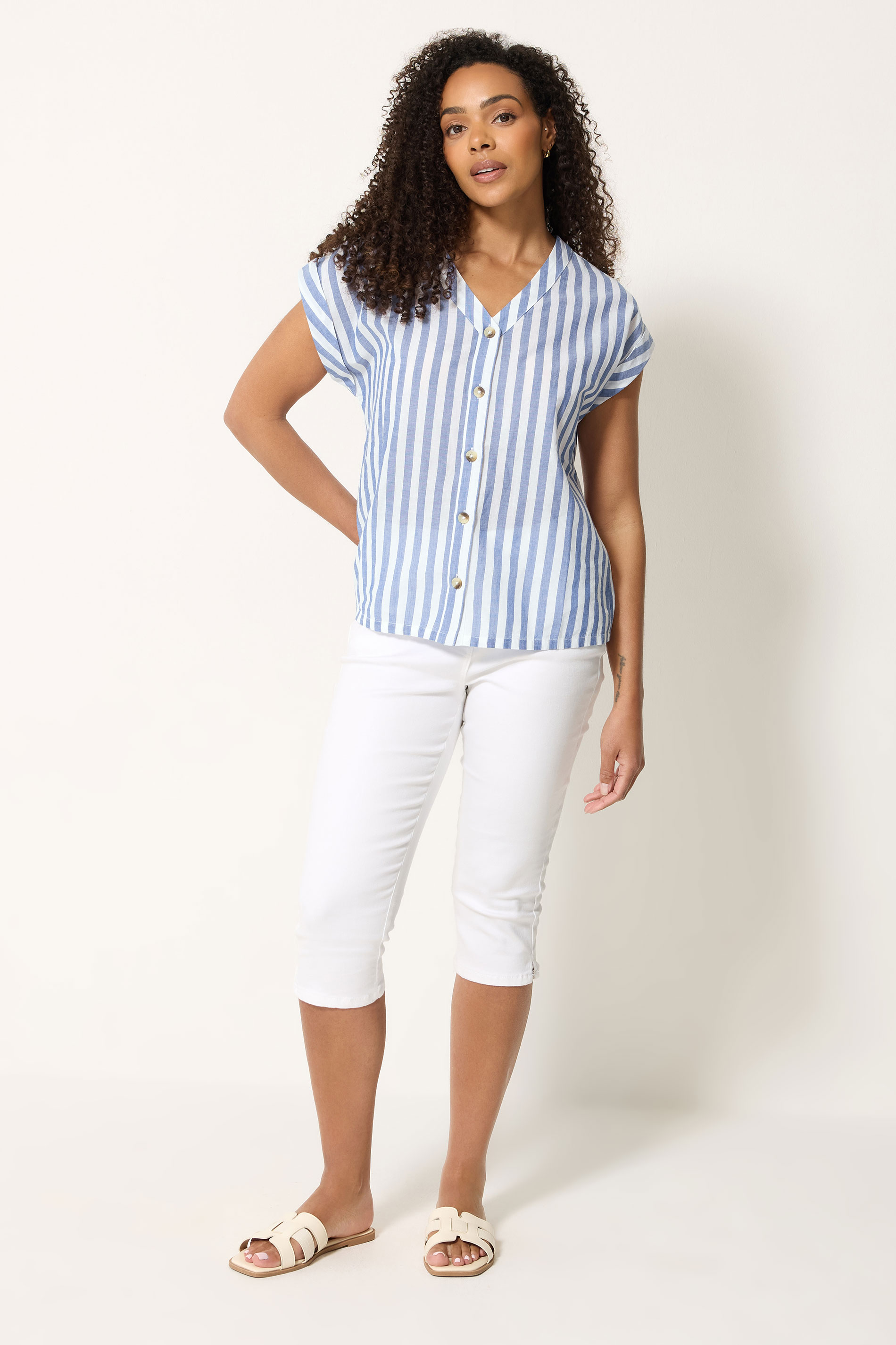 M&Co Blue Stripe Cotton Button Blouse | M&Co 1