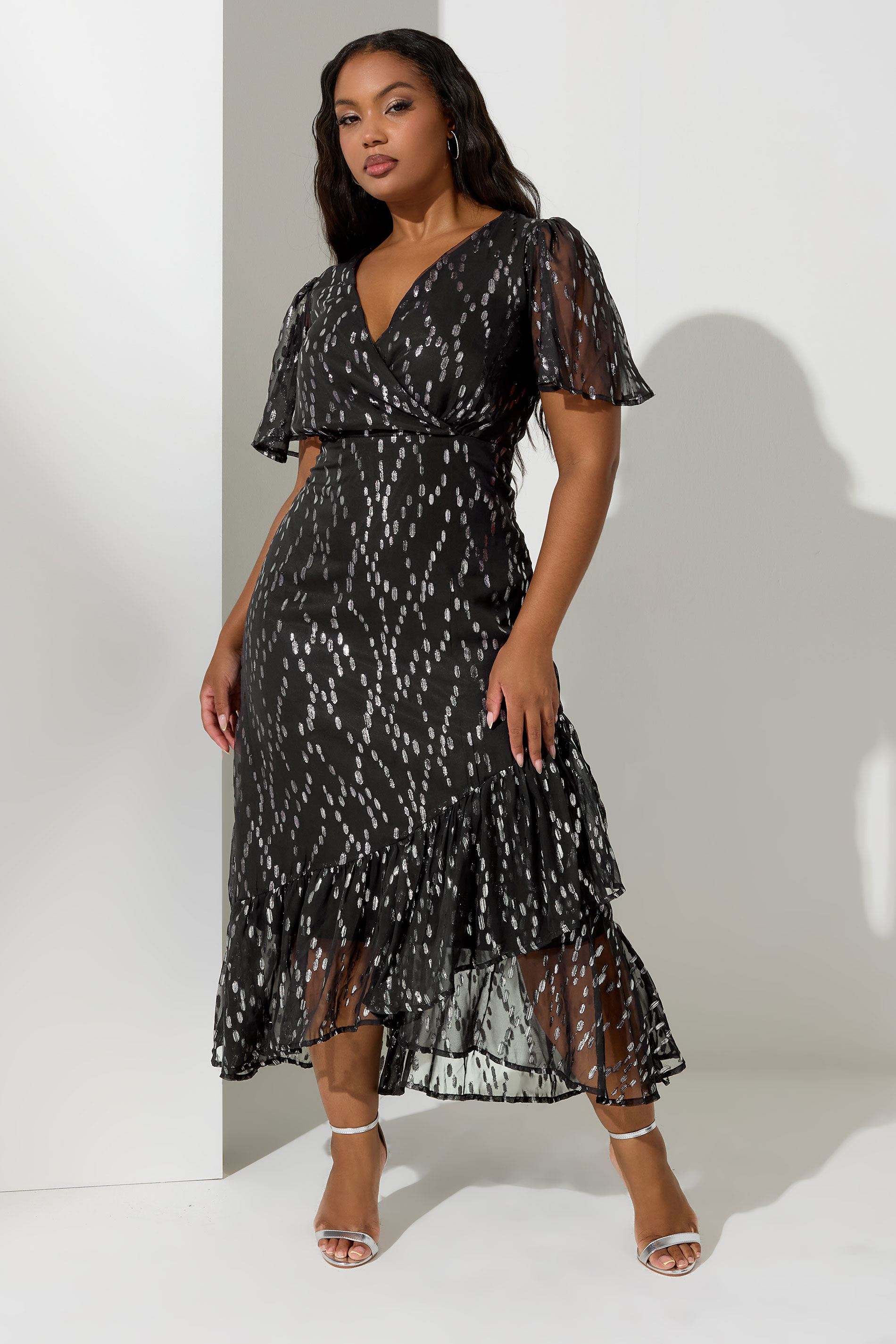 YOURS LONDON Plus Size Black & Silver Metallic Dobby Wrap Dress | Yours Clothing 1