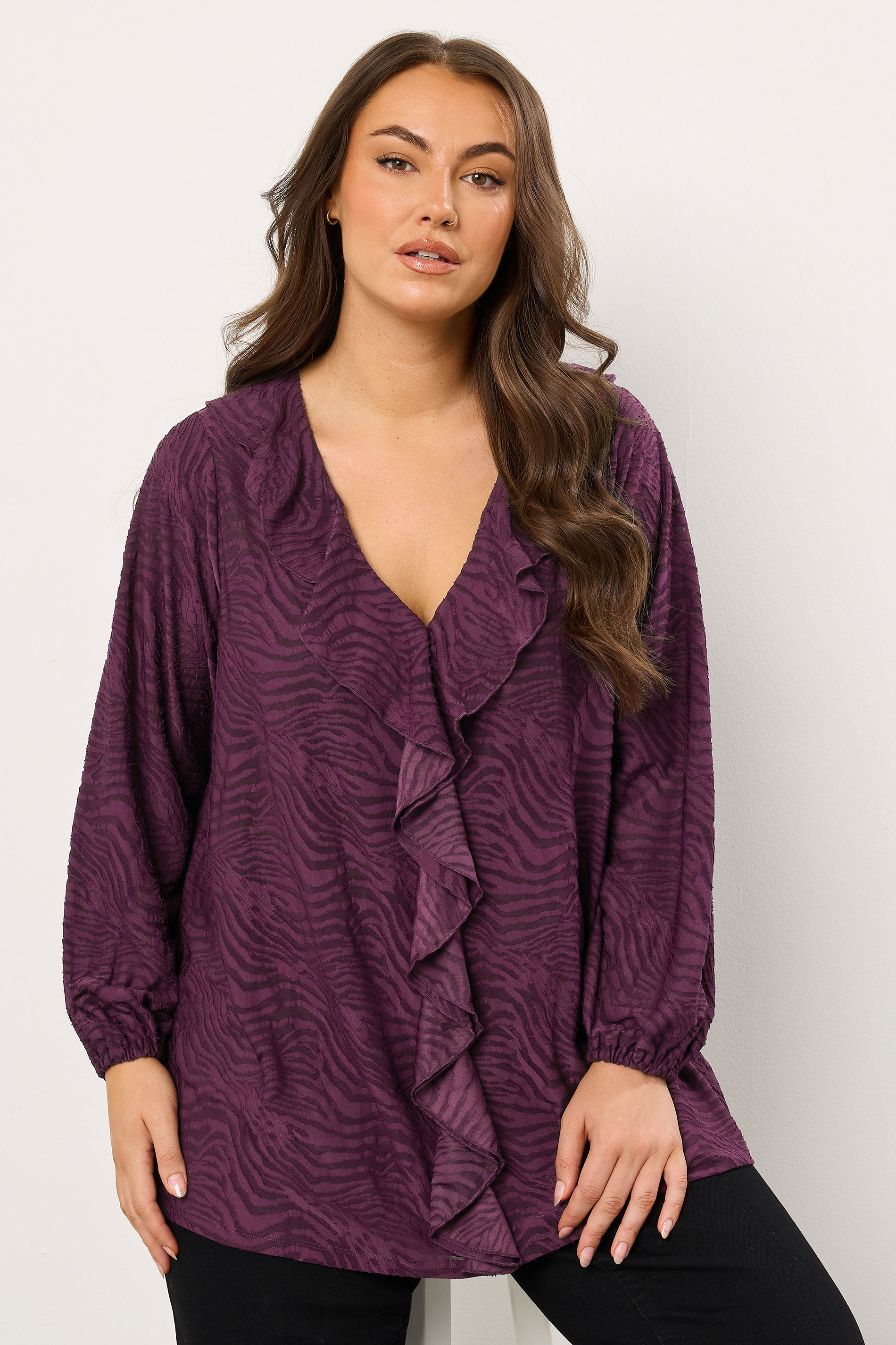 EVANS Plus Size Purple Zebra Burnout Frill Detail Blouse | Evans 3