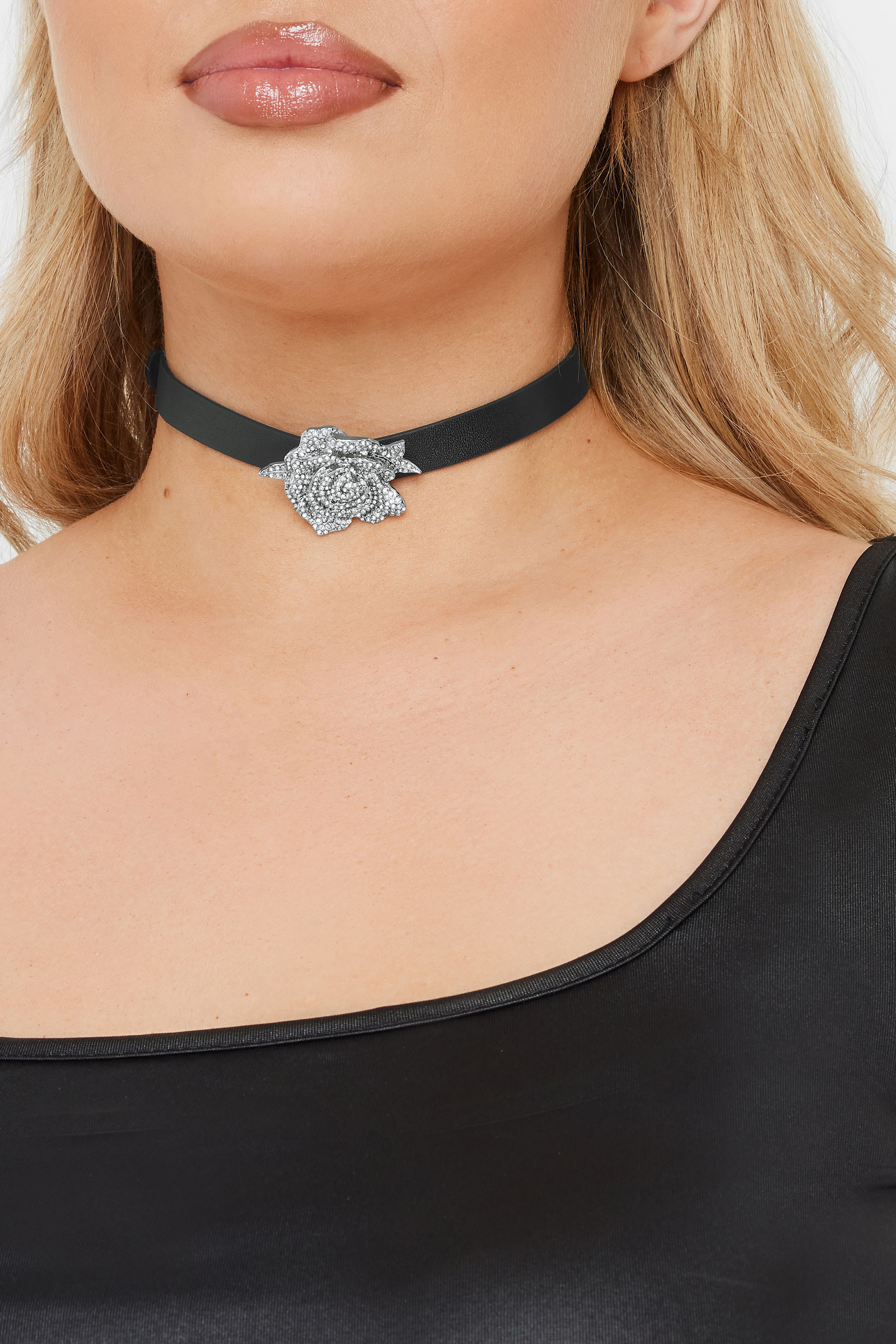  Silver Tone Floral Diamante Choker Necklace | Yours Clothing 1