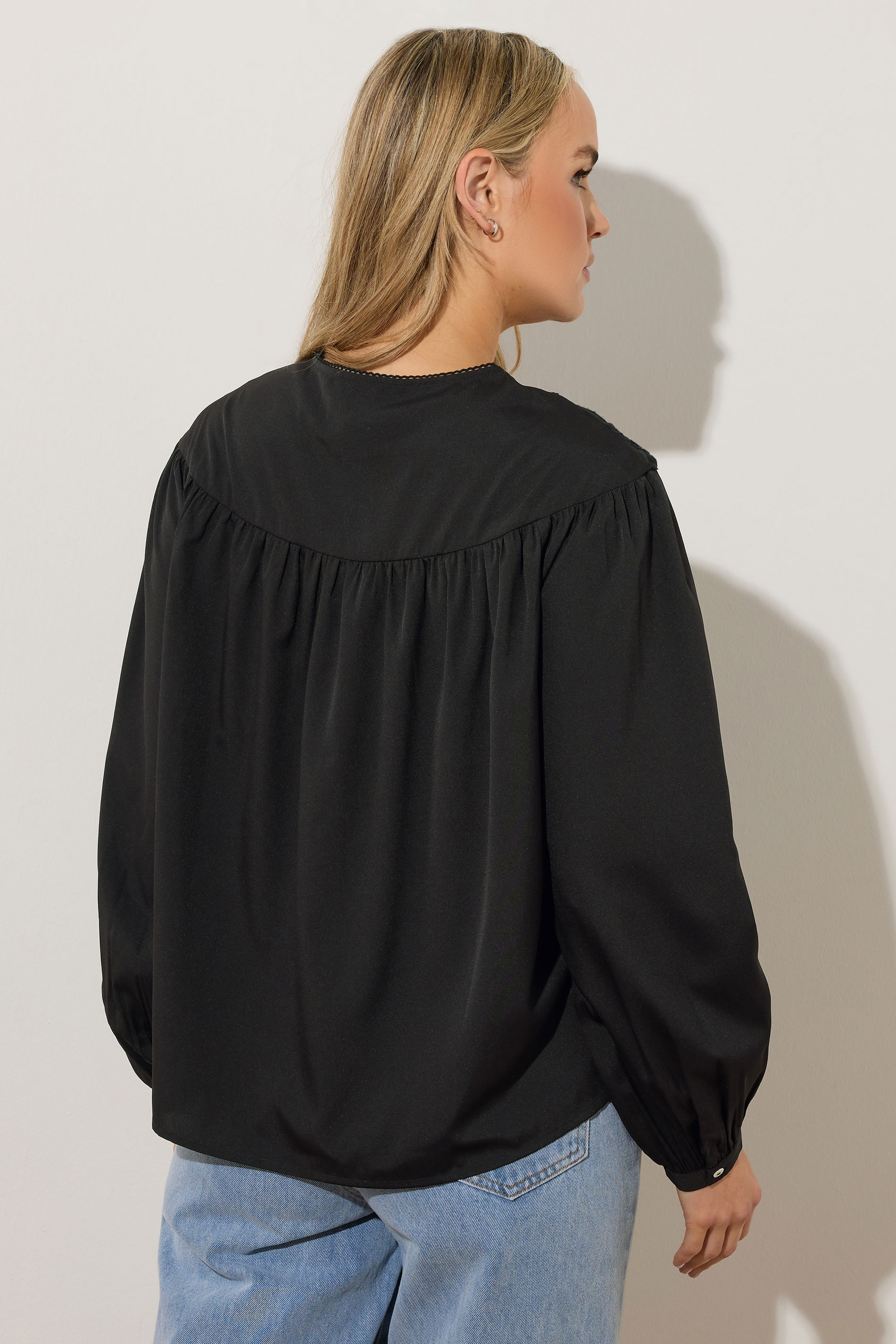 LTS Tall Black Woven Broderie Bib Blouse | Long Tall Sally 4