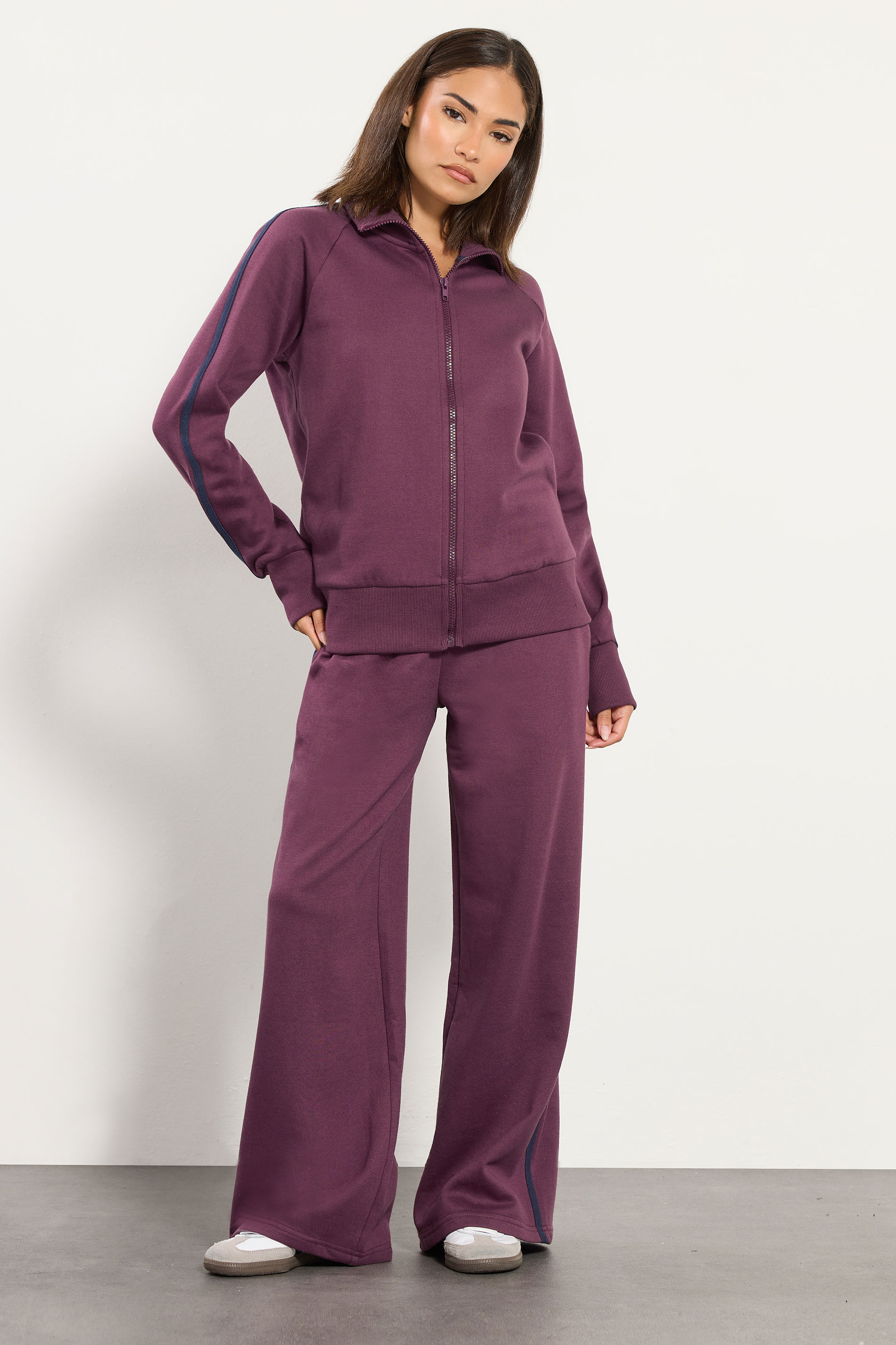 PixieGirl Petite Women's Burgundy Red Stripe Collar Zip Sweatshirt | PixieGirl  1