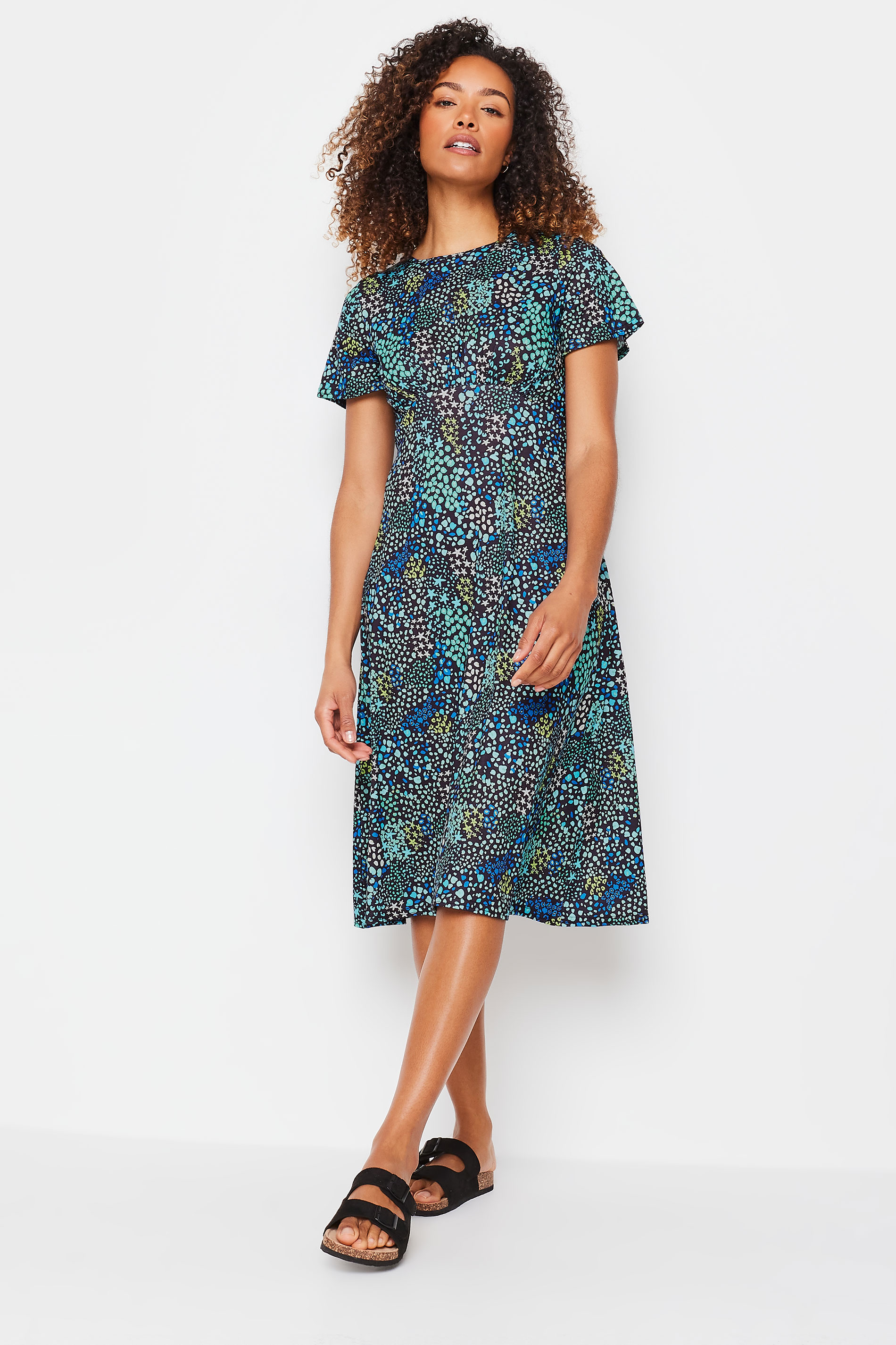 M&Co Blue Floral Print Short Sleeve Midi Dress | M&Co 1