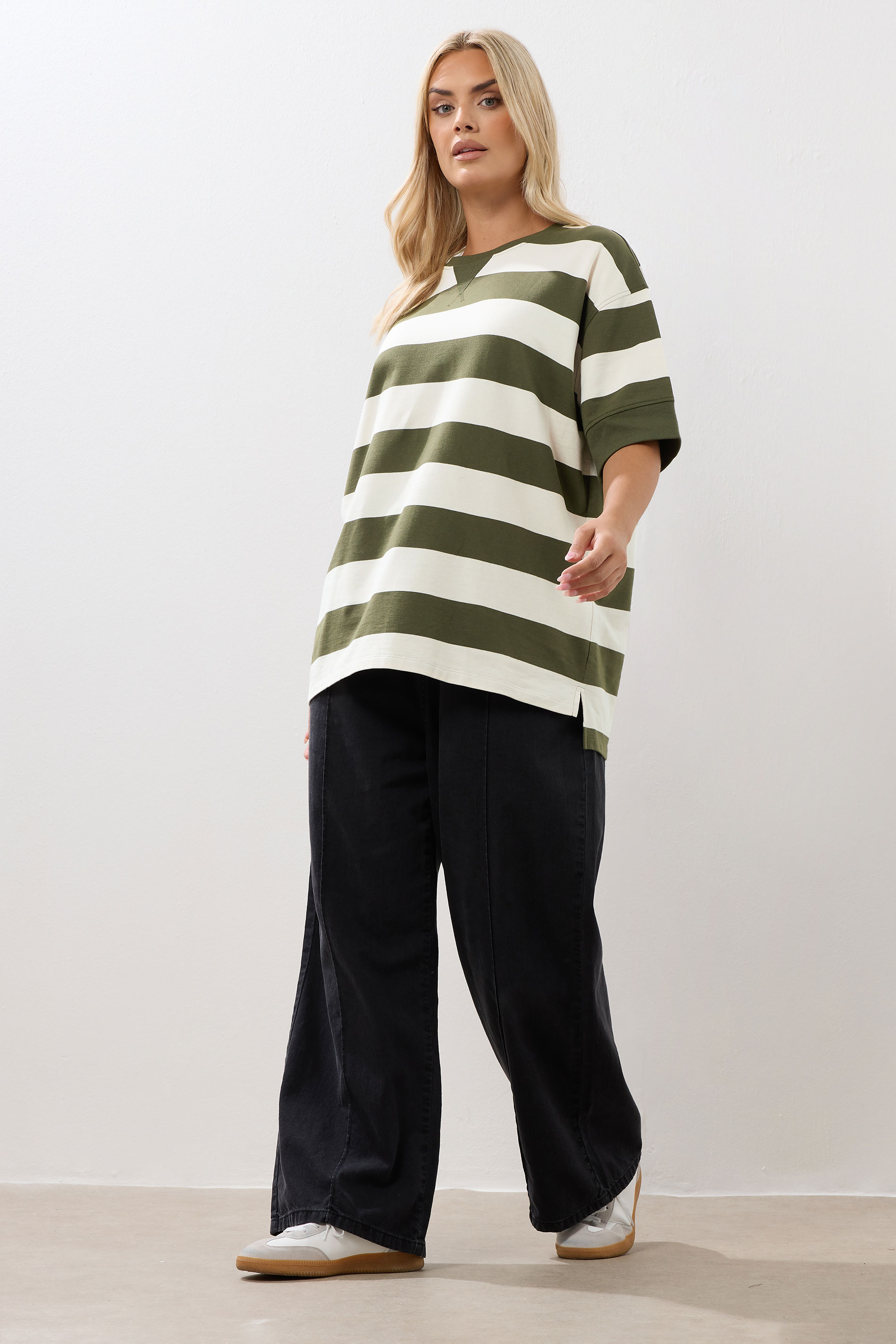 YOURS Plus Size Khaki Green Stripe Heavyweight T-Shirt | Yours Clothing 2