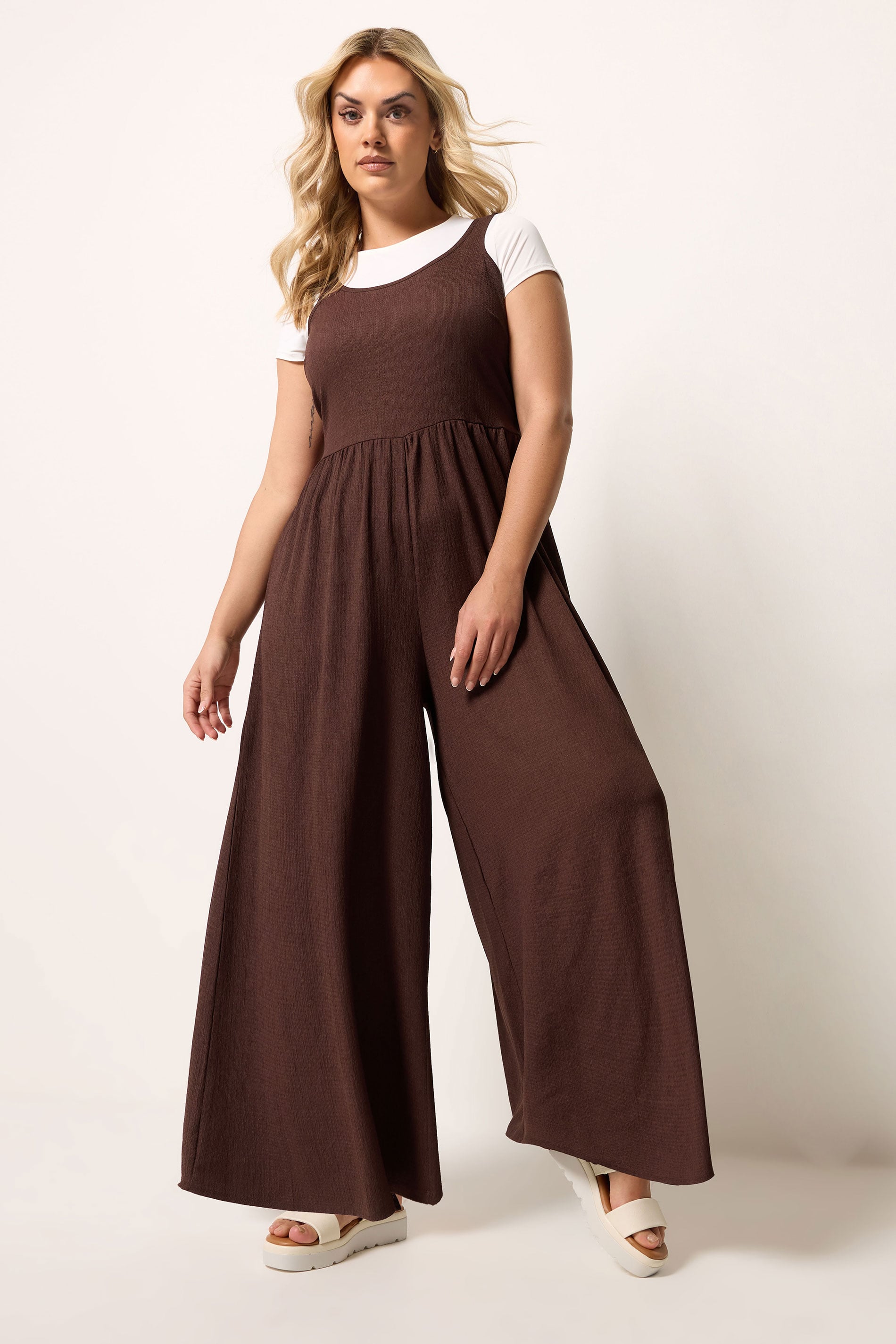 YOURS Plus Size Chocolate Brown Textured Jumpsuit | Yours Clothing 3