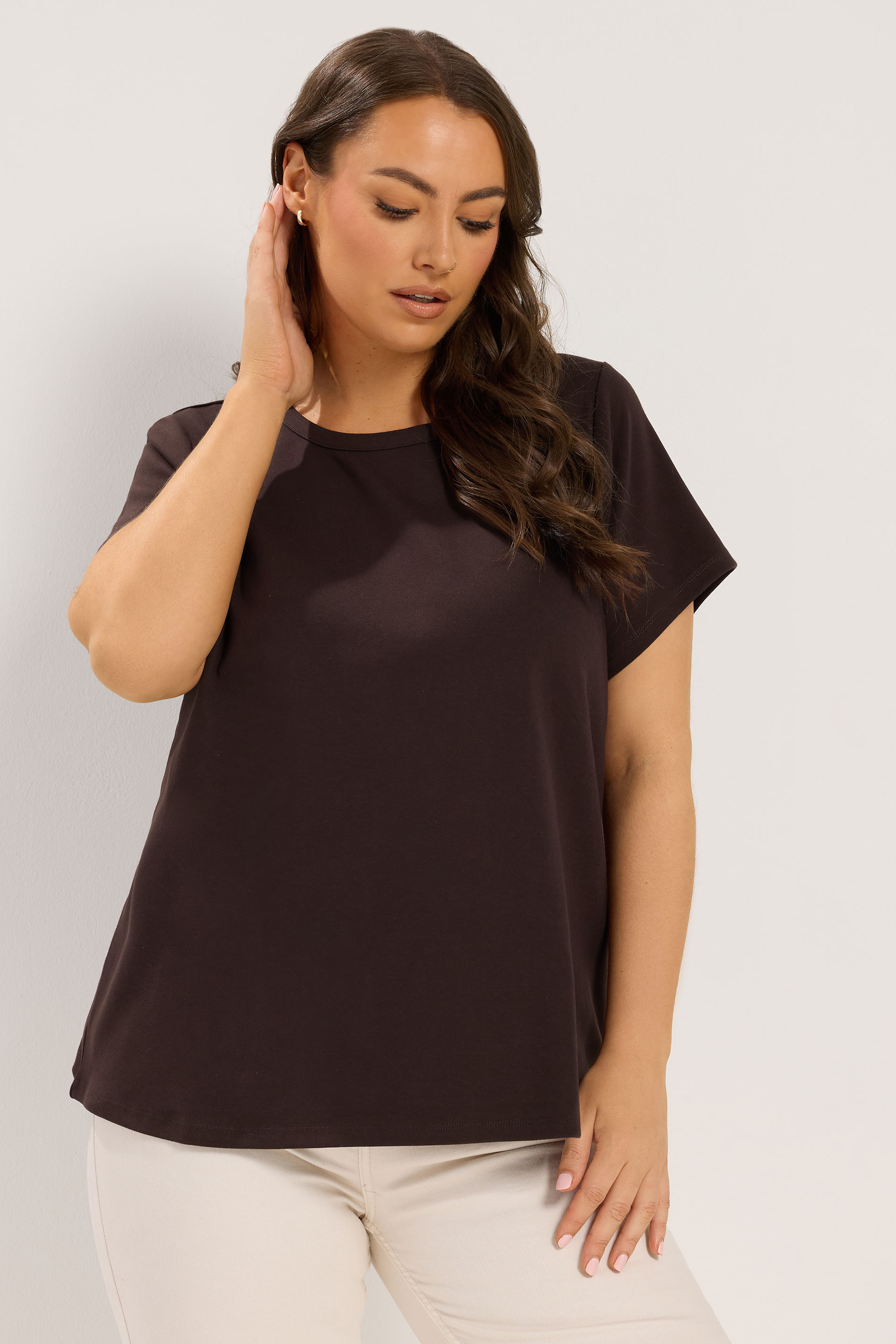 YOURS Plus Size Chocolate Brown Interlock T-Shirt | Yours Clothing 3