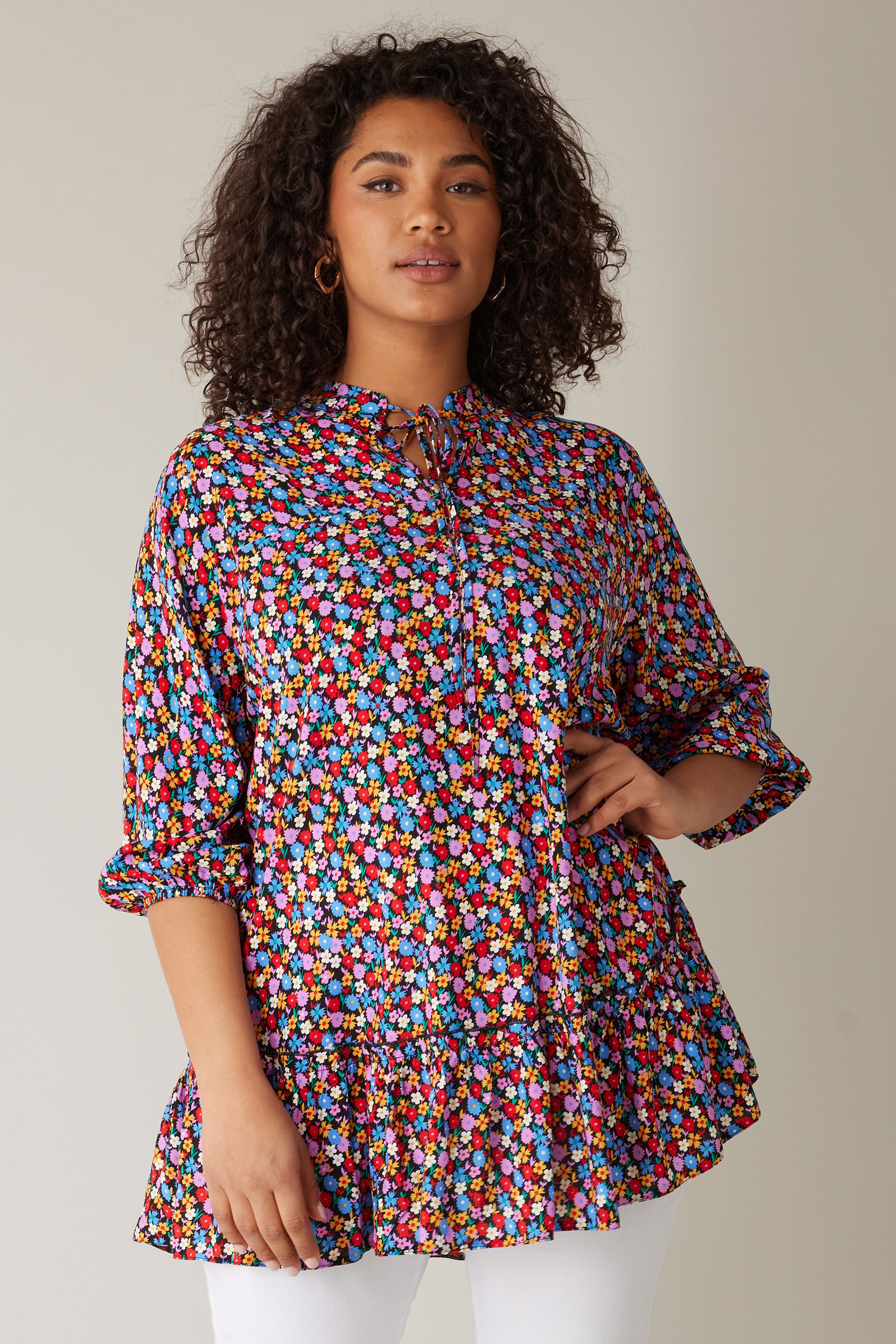 EVANS Plus Size Pink & Blue Floral Tie Neck Blouse | Evans 3