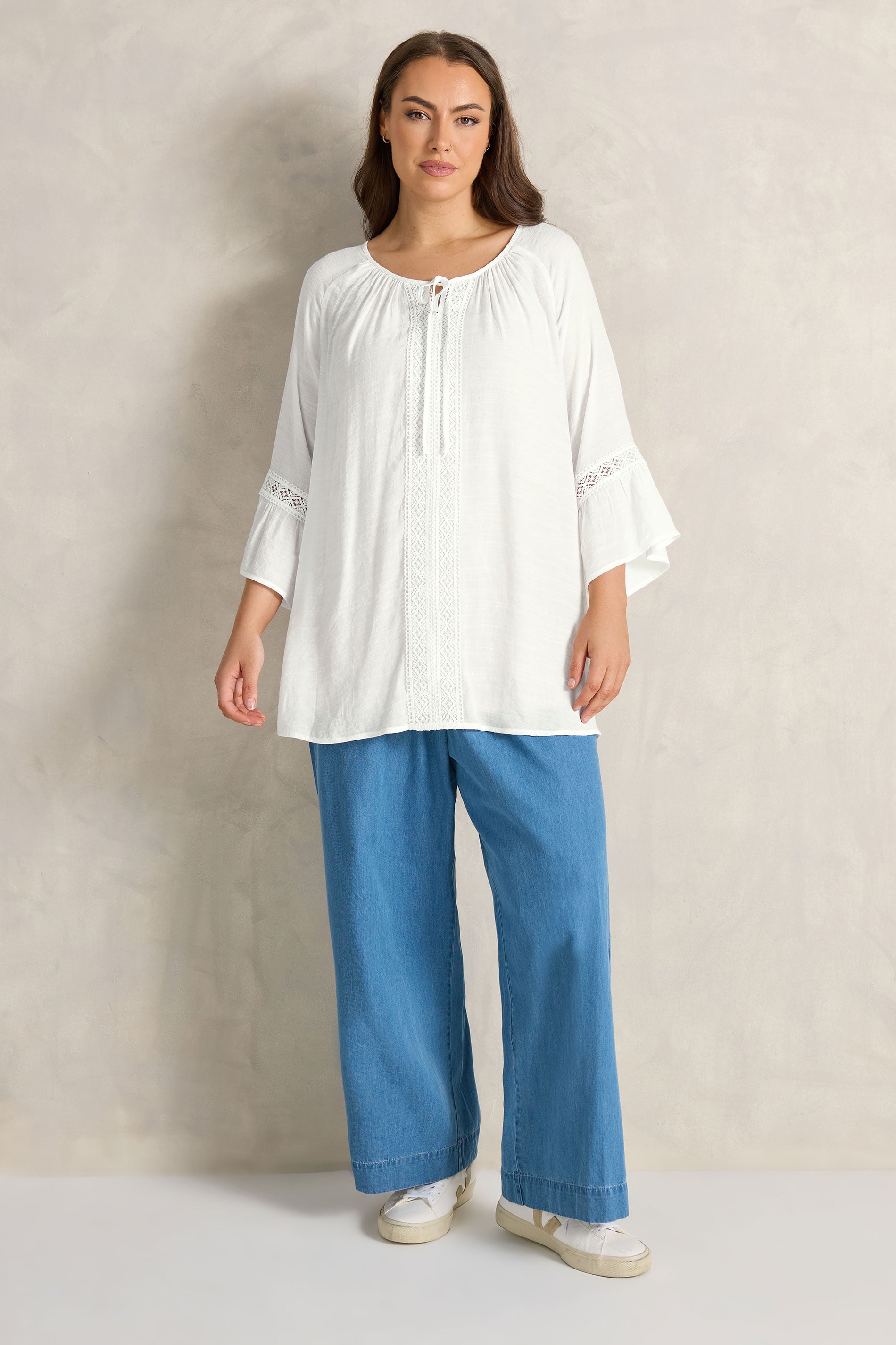 EVANS Plus Size White Crochet Detail Tie Neck Blouse | Evans  2