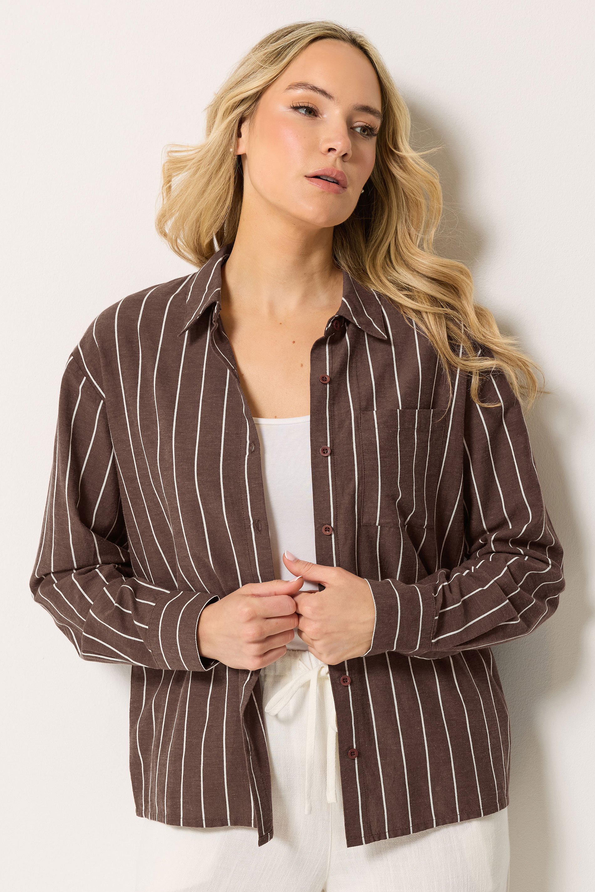 LTS Tall Women's Chocolate Brown Stripe Linen Shirt | Long Tall Sally 3