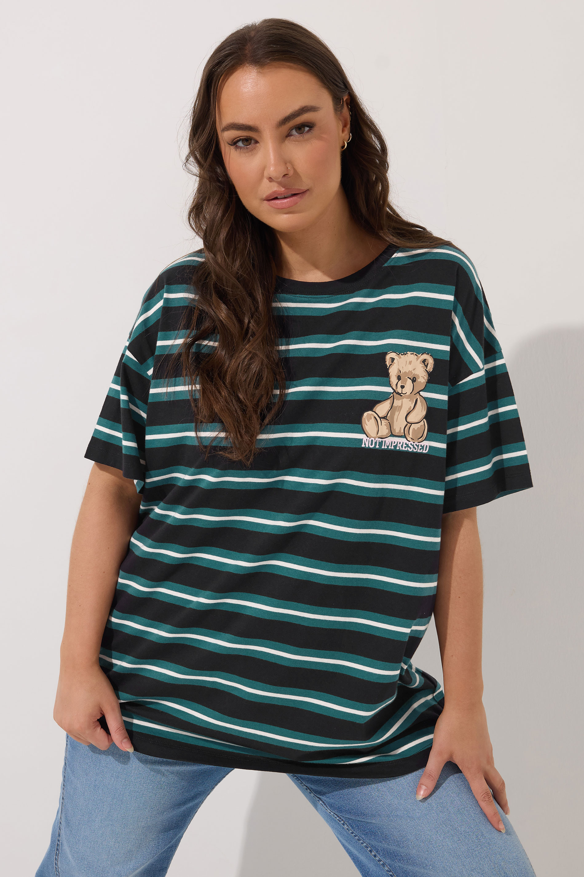 YOURS Plus Size Green Stripe Teddy Print T-Shirt | Yours Clothing 3