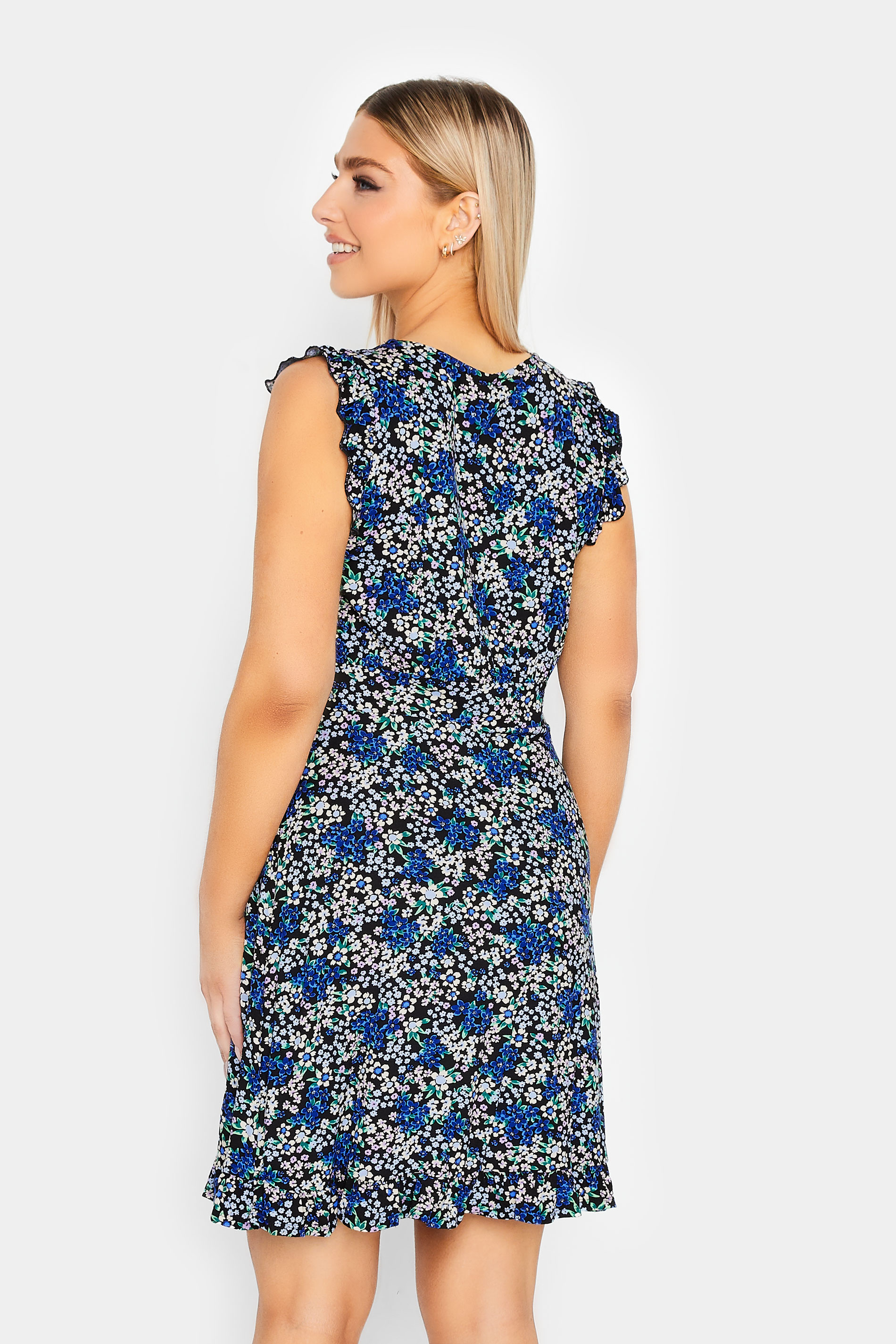 M&Co Blue Floral Print Frill Sleeve Mini Dress | M&Co 3