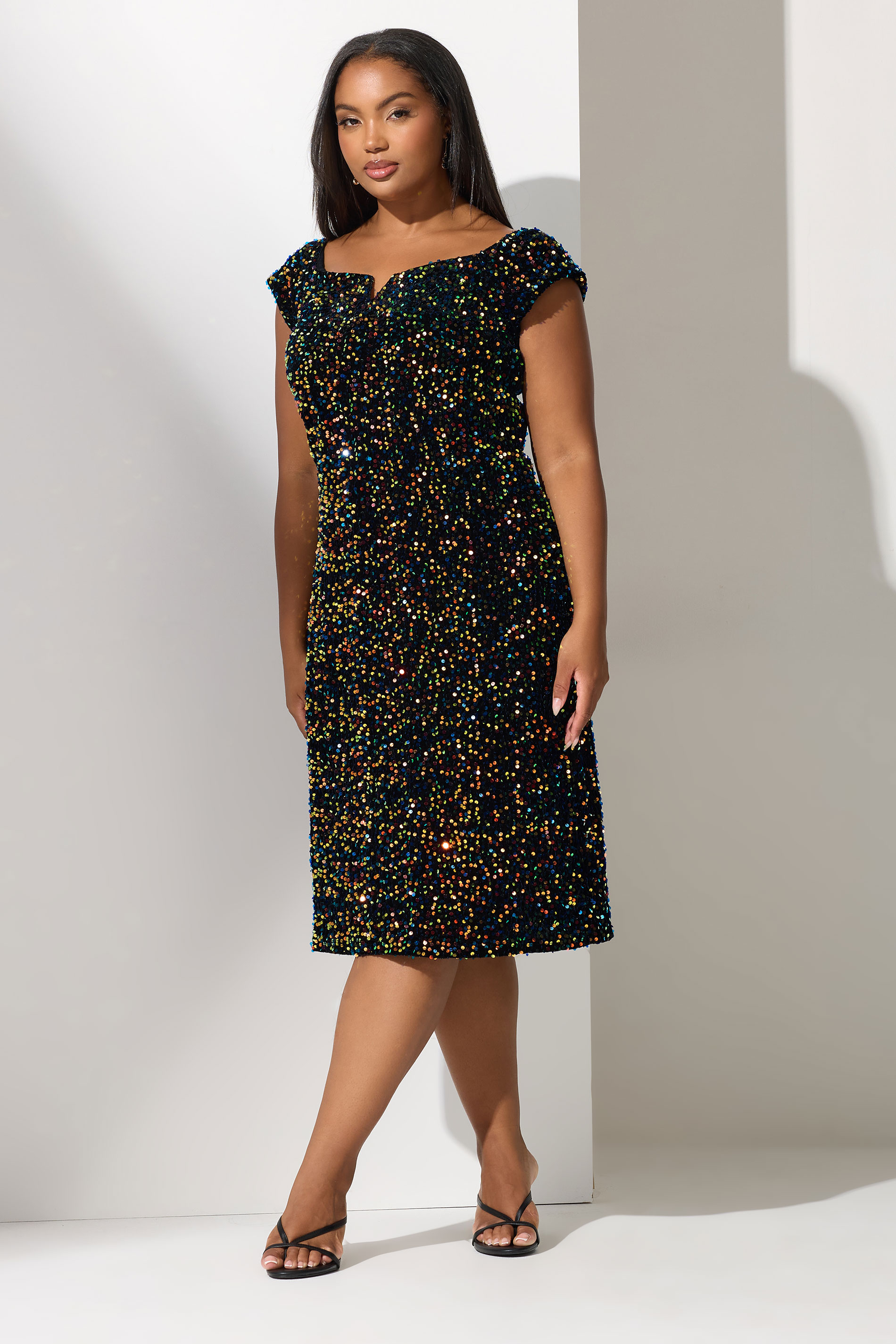 YOURS LONDON Plus Size Black Sequin Velvet Bardot Dress | Yours Clothing 3