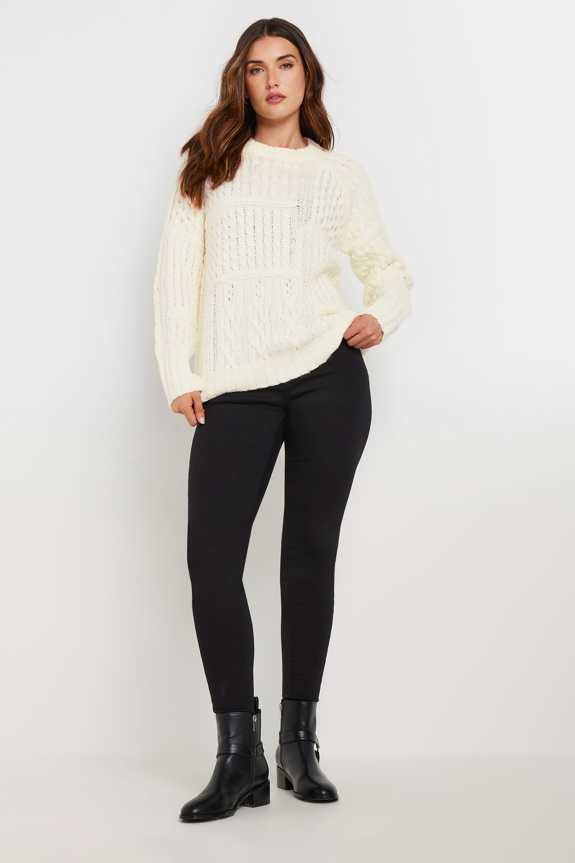 LTS Tall Women's Ivory White Patchwork Cable Knit Jumper | Long Tall Sally 1